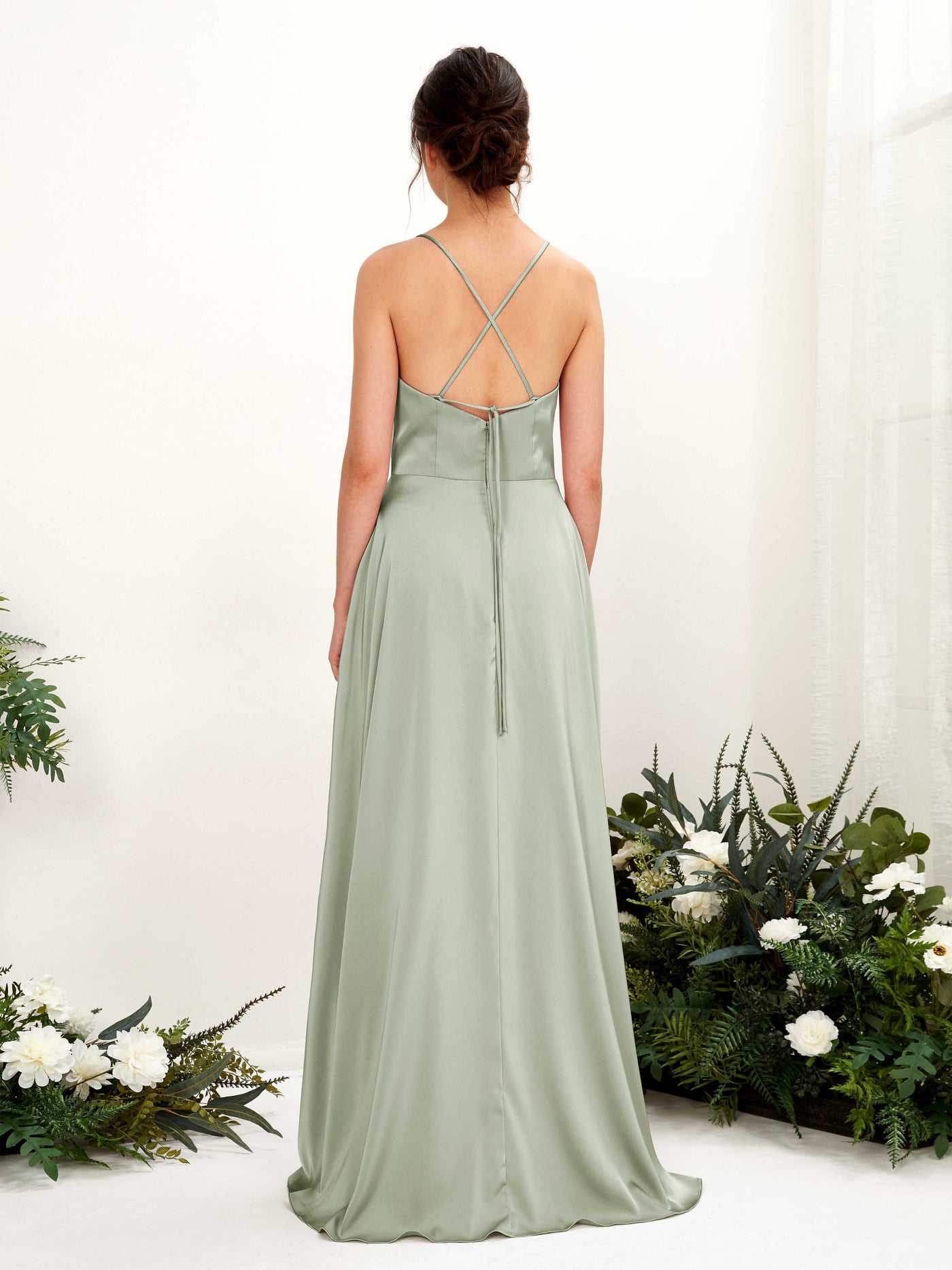 Ball Gown Sexy Slit Straps Sleeveless Satin Bridesmaid Dress - Sage Green (80221112)#color_sage-green