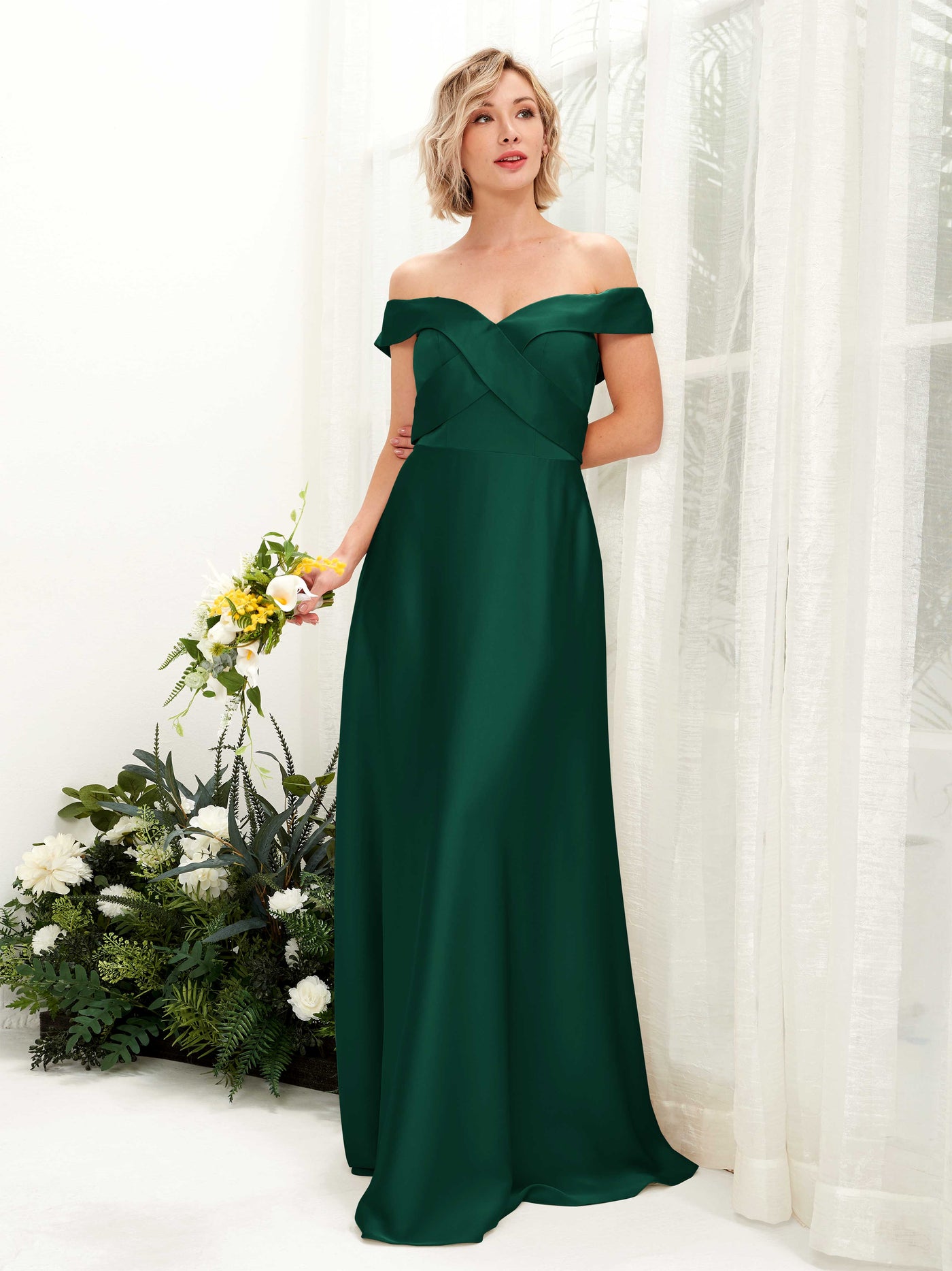 A-line Ball Gown Off Shoulder Sweetheart Satin Bridesmaid Dress - Hunter Green (80224229)#color_hunter-green