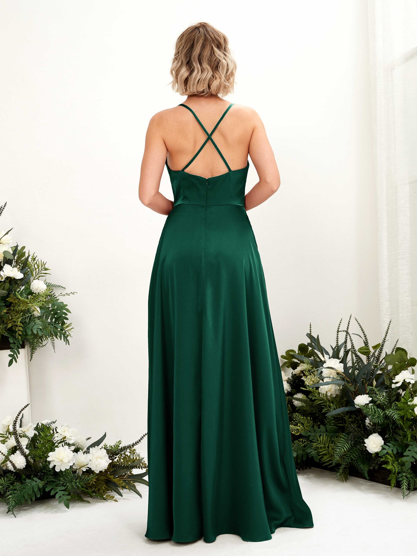 A-line Ball Gown Sexy Slit Straps Satin Bridesmaid Dress - Hunter Green (80222229)#color_hunter-green