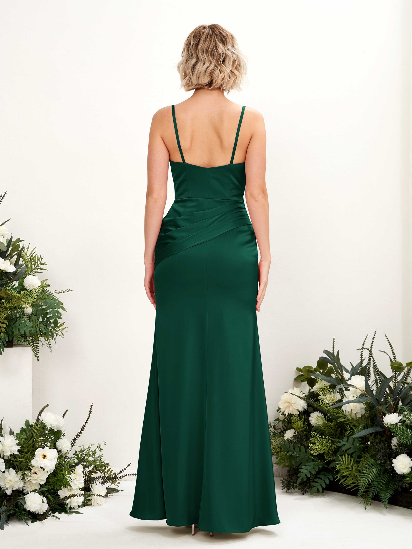 Straps V-neck Sleeveless Satin Bridesmaid Dress - Hunter Green (80220829)#color_hunter-green