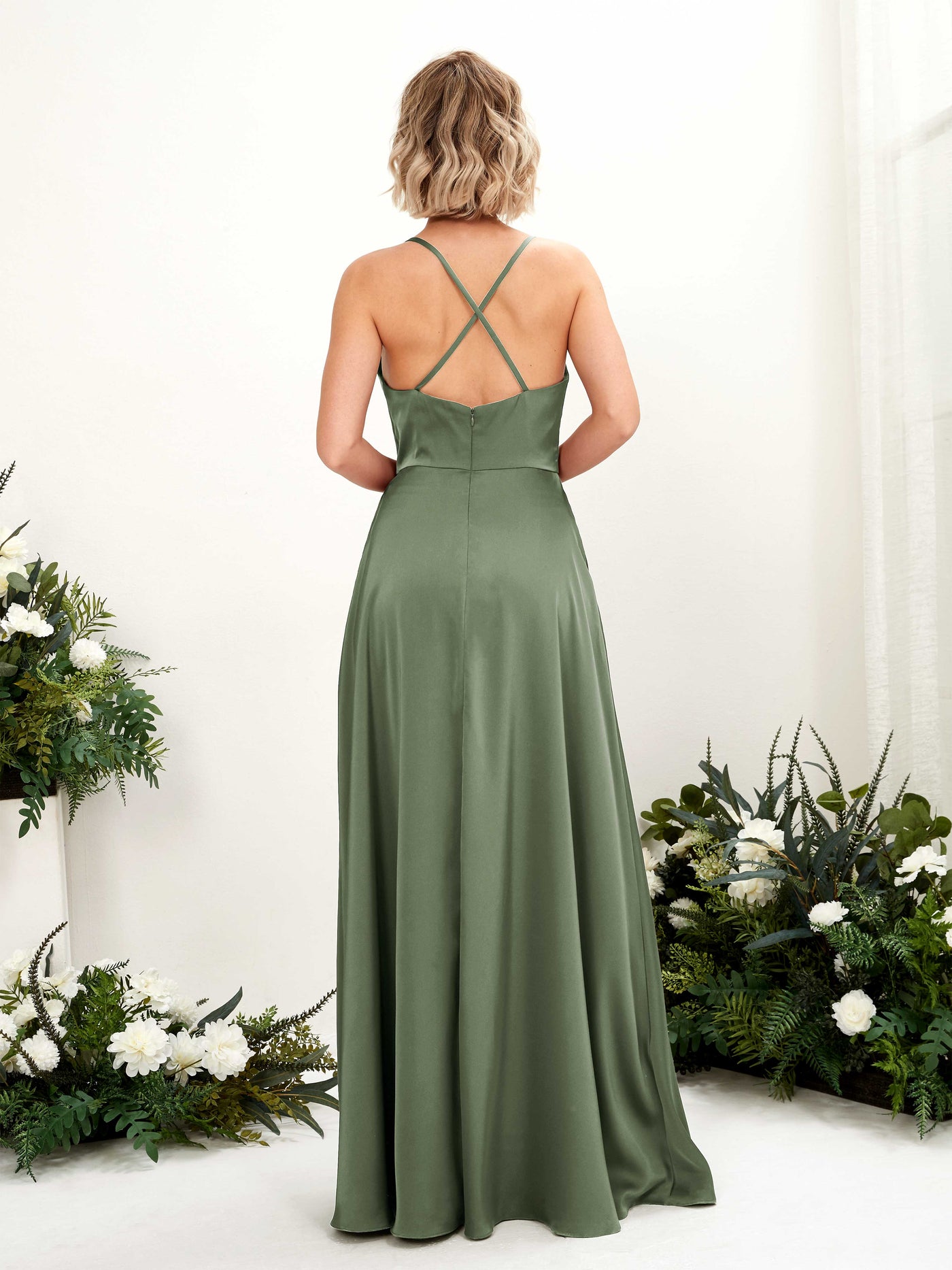 A-line Ball Gown Sexy Slit Straps Satin Bridesmaid Dress - Green Olive (80222270)#color_green-olive