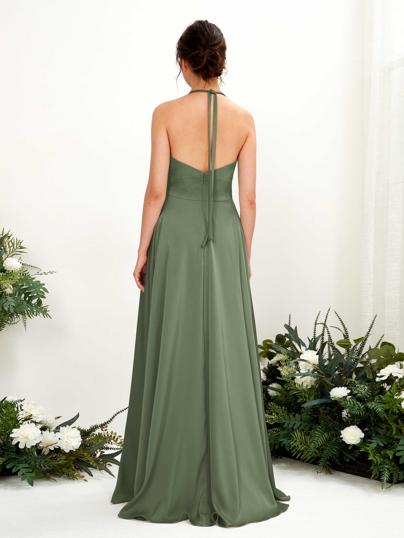 A-line Open back Sexy Slit Halter Bridesmaid Dress - Green Olive (80223970)#color_green-olive