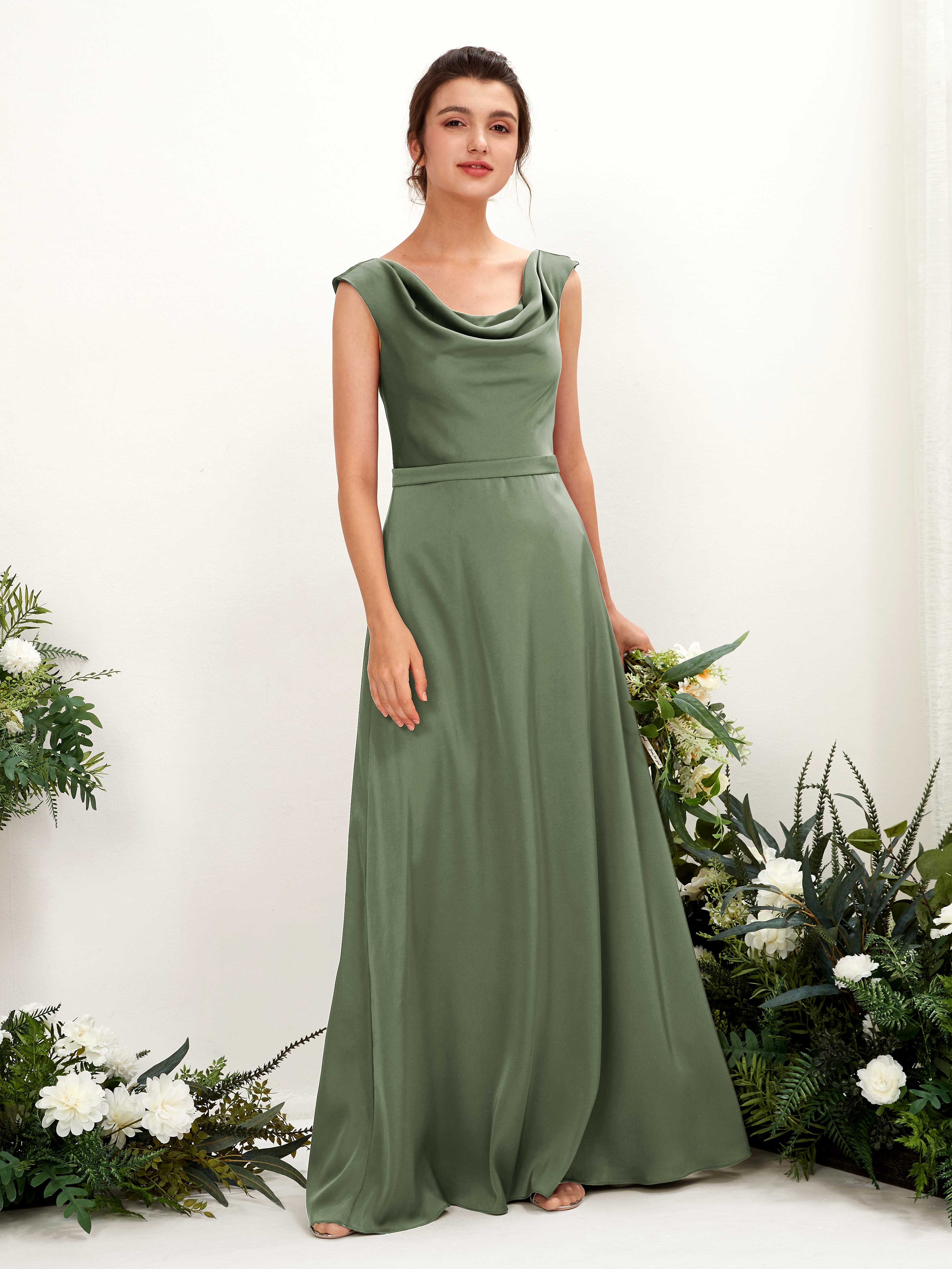 Green Olive Satin Bridesmaid Dress A-Line Maxi Cowl Neck