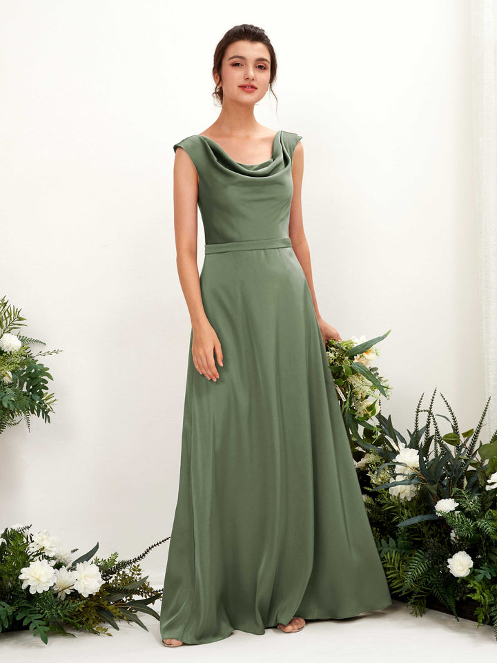 A-line Scoop Sleeveless Satin Bridesmaid Dress - Green Olive (80221270)