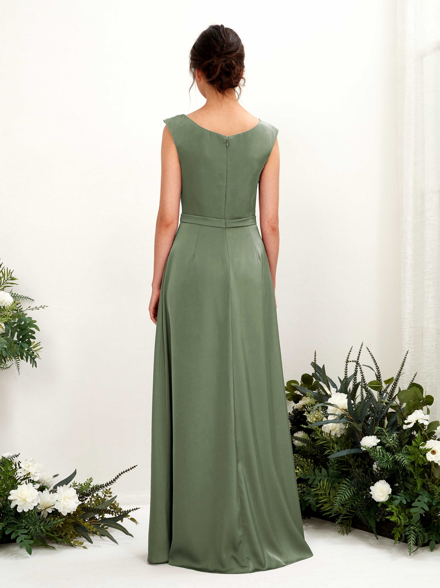 A-line Scoop Sleeveless Satin Bridesmaid Dress - Green Olive (80221270)#color_green-olive