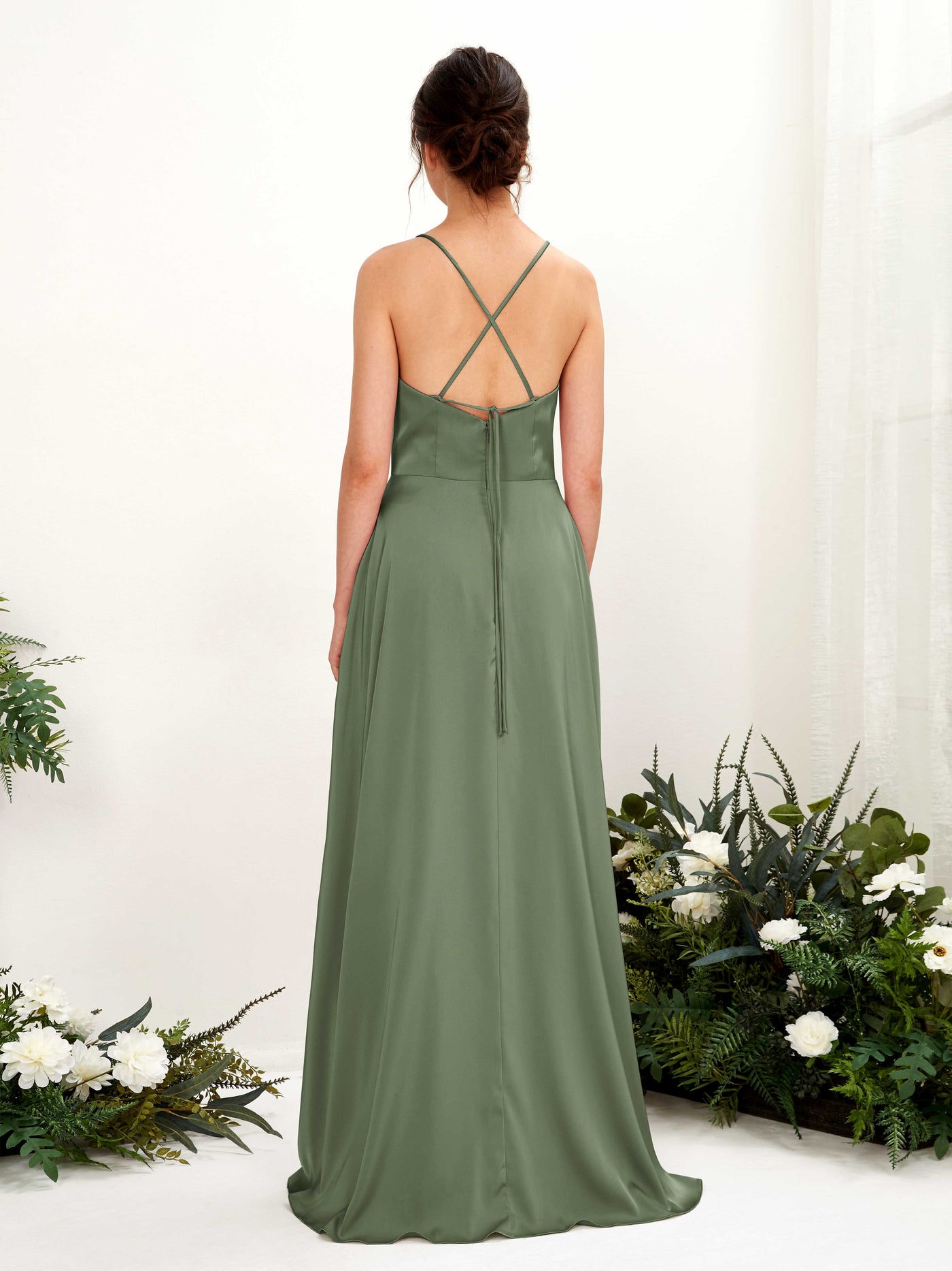 Ball Gown Sexy Slit Straps Sleeveless Satin Bridesmaid Dress - Green Olive (80221170)#color_green-olive