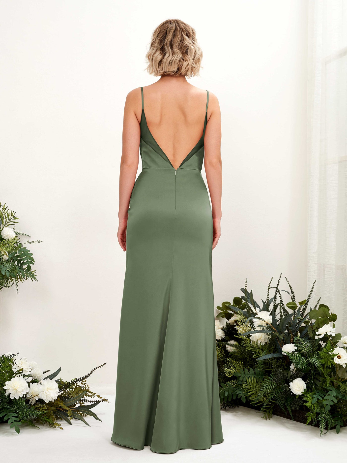 Open back Sexy Slit Spaghetti-straps Satin Bridesmaid Dress - Green Olive (80222670)#color_green-olive