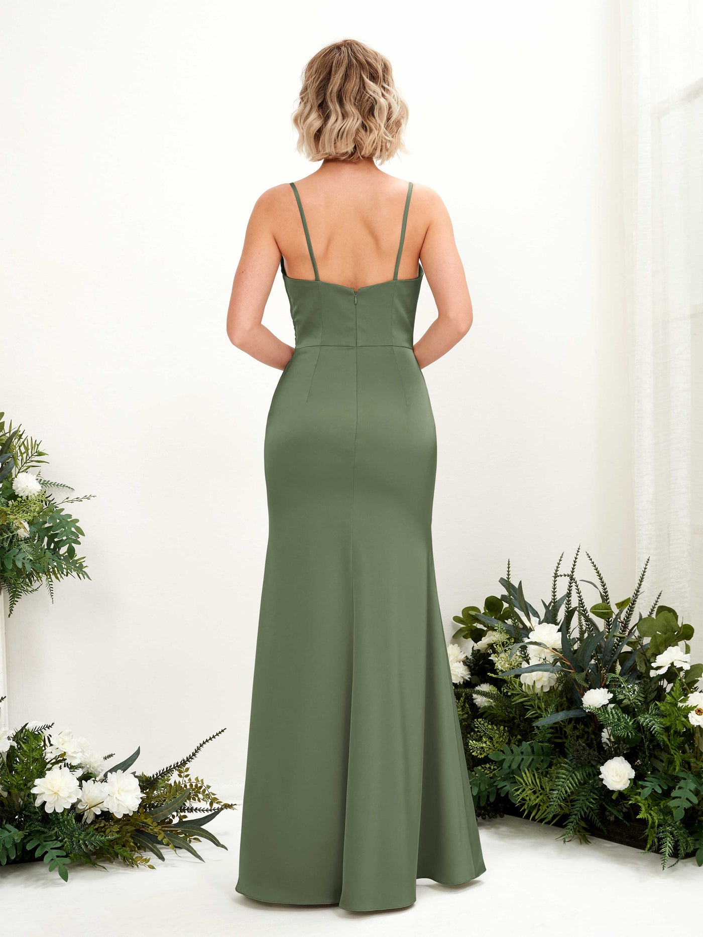 Open back Spaghetti-straps Sweetheart Satin Bridesmaid Dress - Green Olive (80223270)#color_green-olive