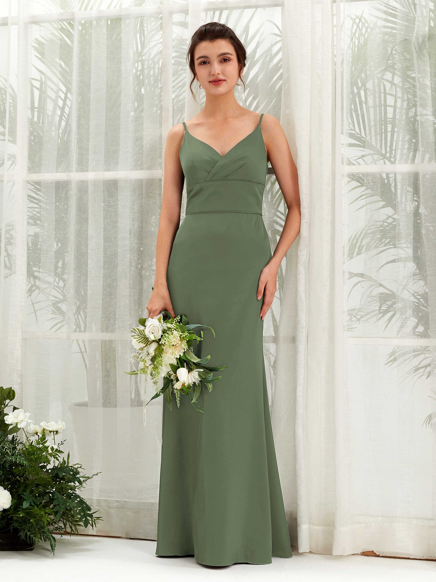 Spaghetti-straps Sweetheart Sleeveless Satin Bridesmaid Dress - Green Olive (80223370)#color_green-olive