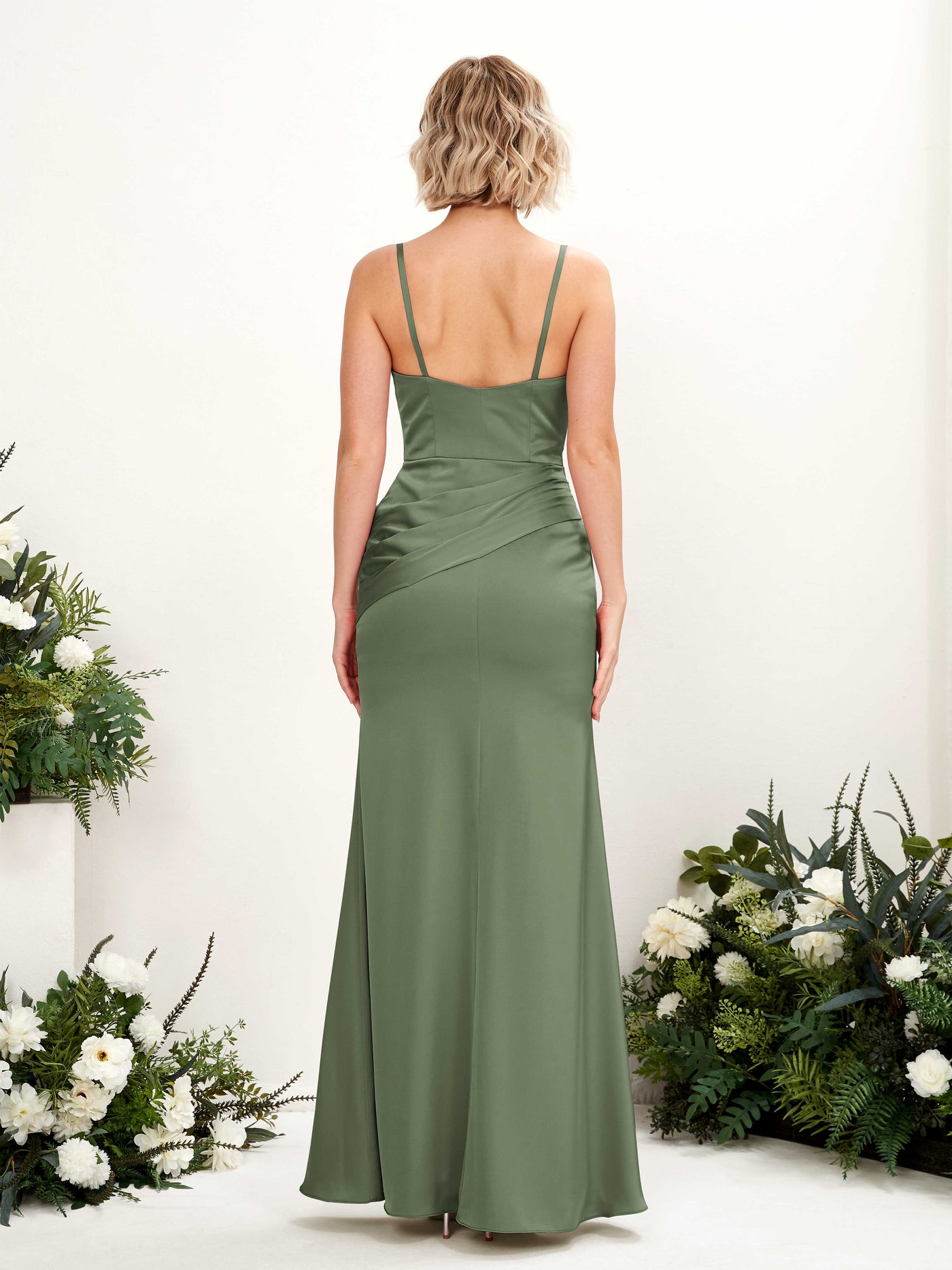 Straps V-neck Sleeveless Satin Bridesmaid Dress - Green Olive (80220870)#color_green-olive