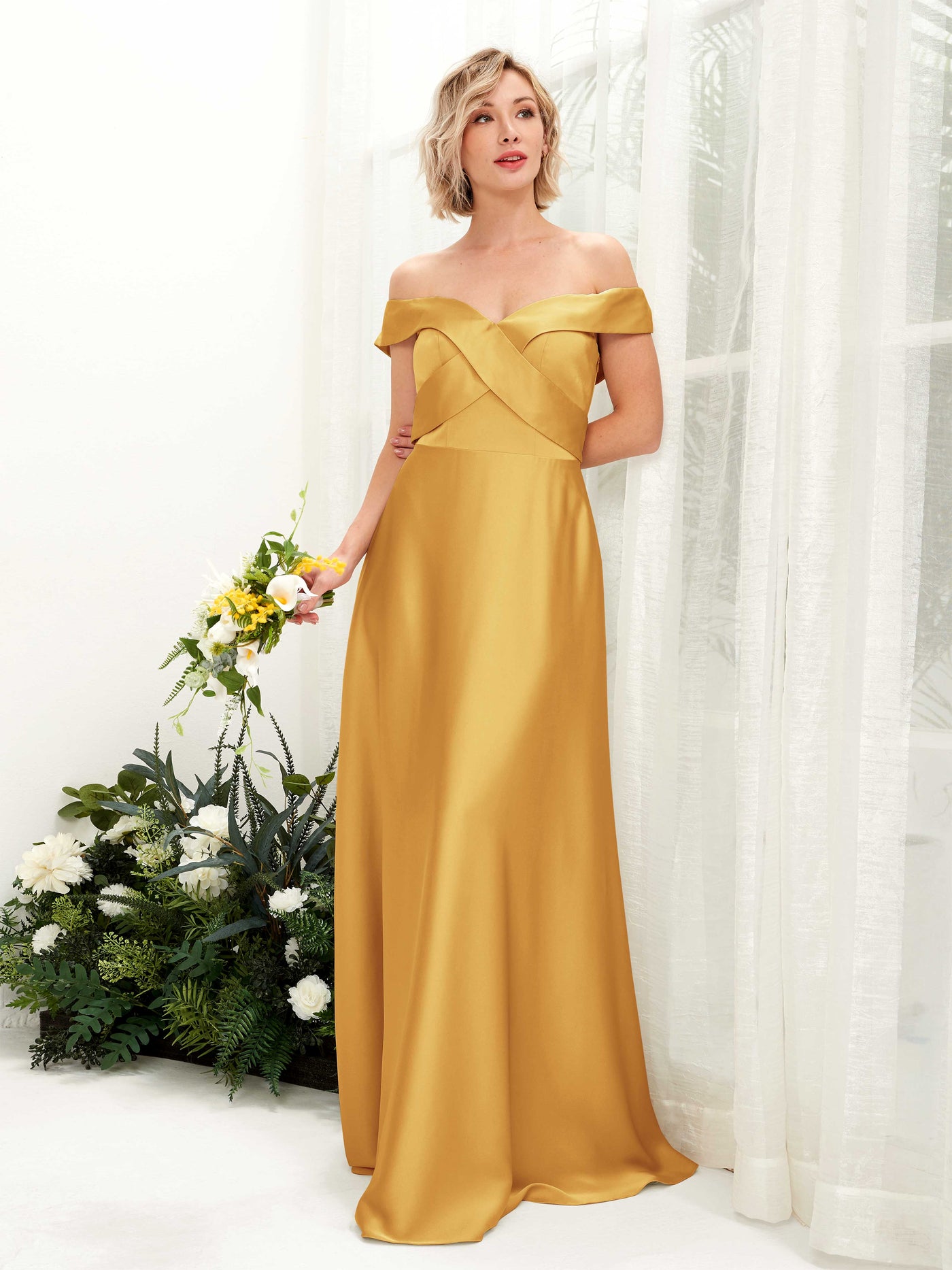 A-line Ball Gown Off Shoulder Sweetheart Satin Bridesmaid Dress - Canary (80224231)#color_canary