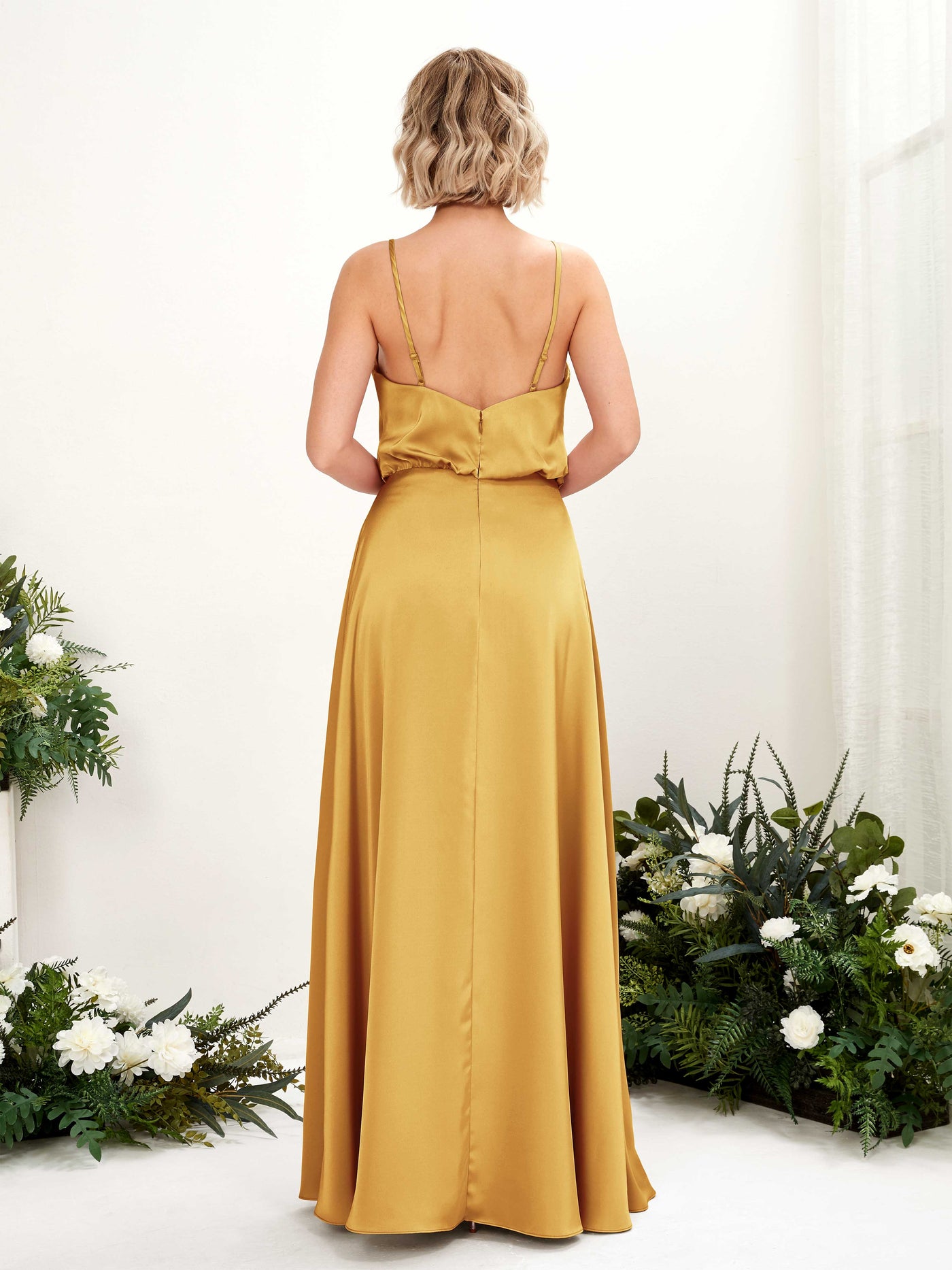 A-line Sexy Slit Spaghetti-straps V-neck Satin Bridesmaid Dress - Canary (80224531)#color_canary