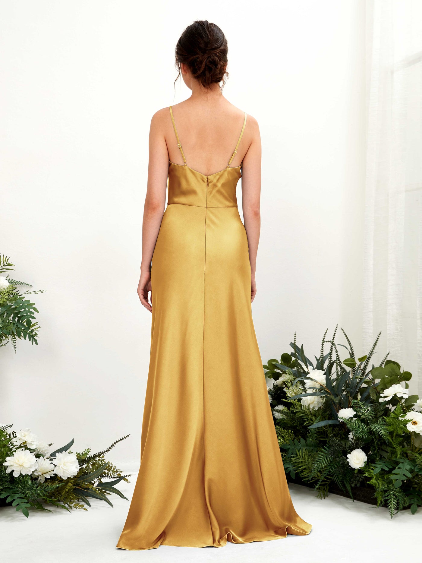 Open back Spaghetti-straps Sleeveless Satin Bridesmaid Dress - Canary (80221831)#color_canary