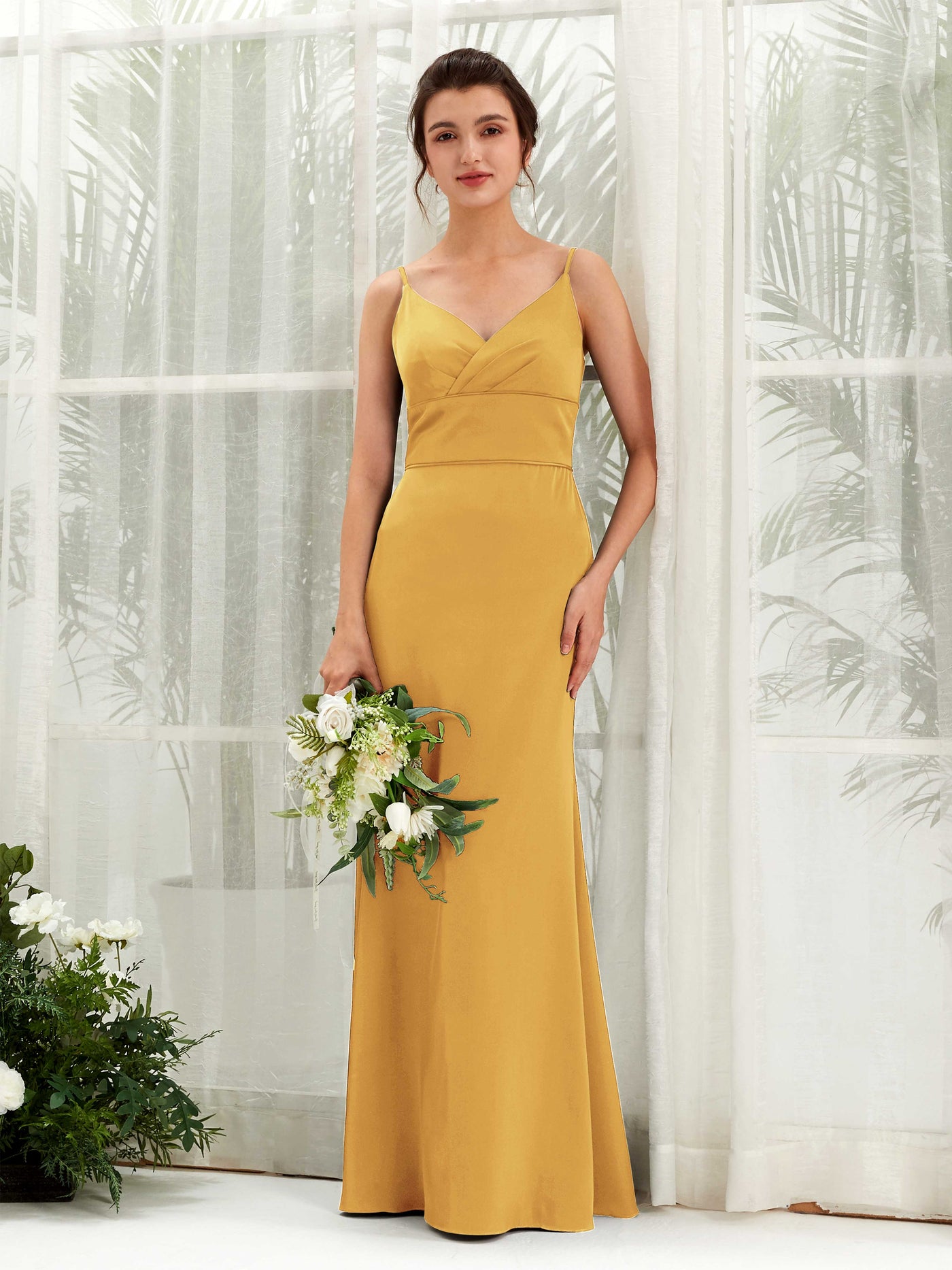 Spaghetti-straps Sweetheart Sleeveless Satin Bridesmaid Dress - Canary (80223331)#color_canary