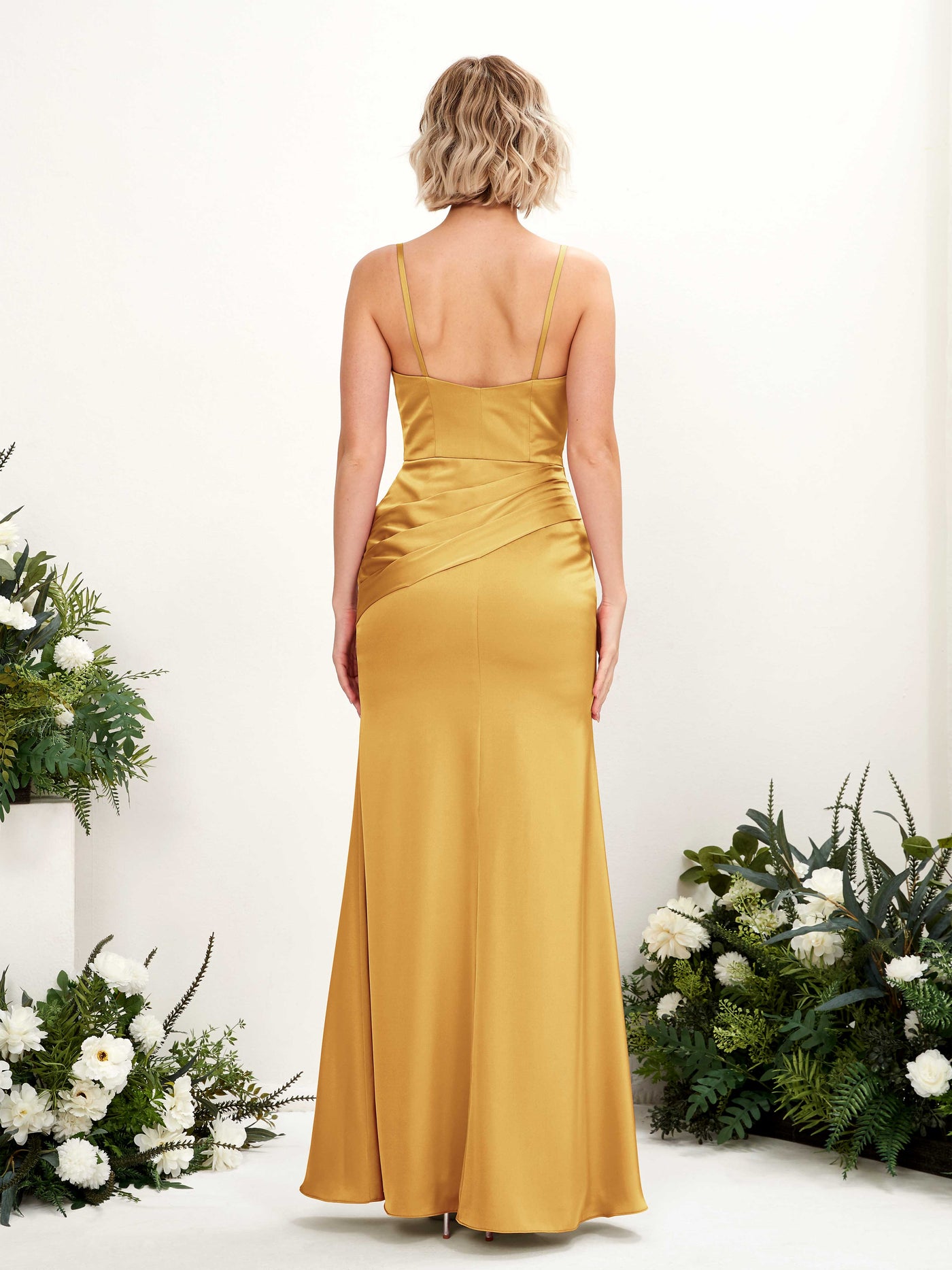Straps V-neck Sleeveless Satin Bridesmaid Dress - Canary (80220831)#color_canary