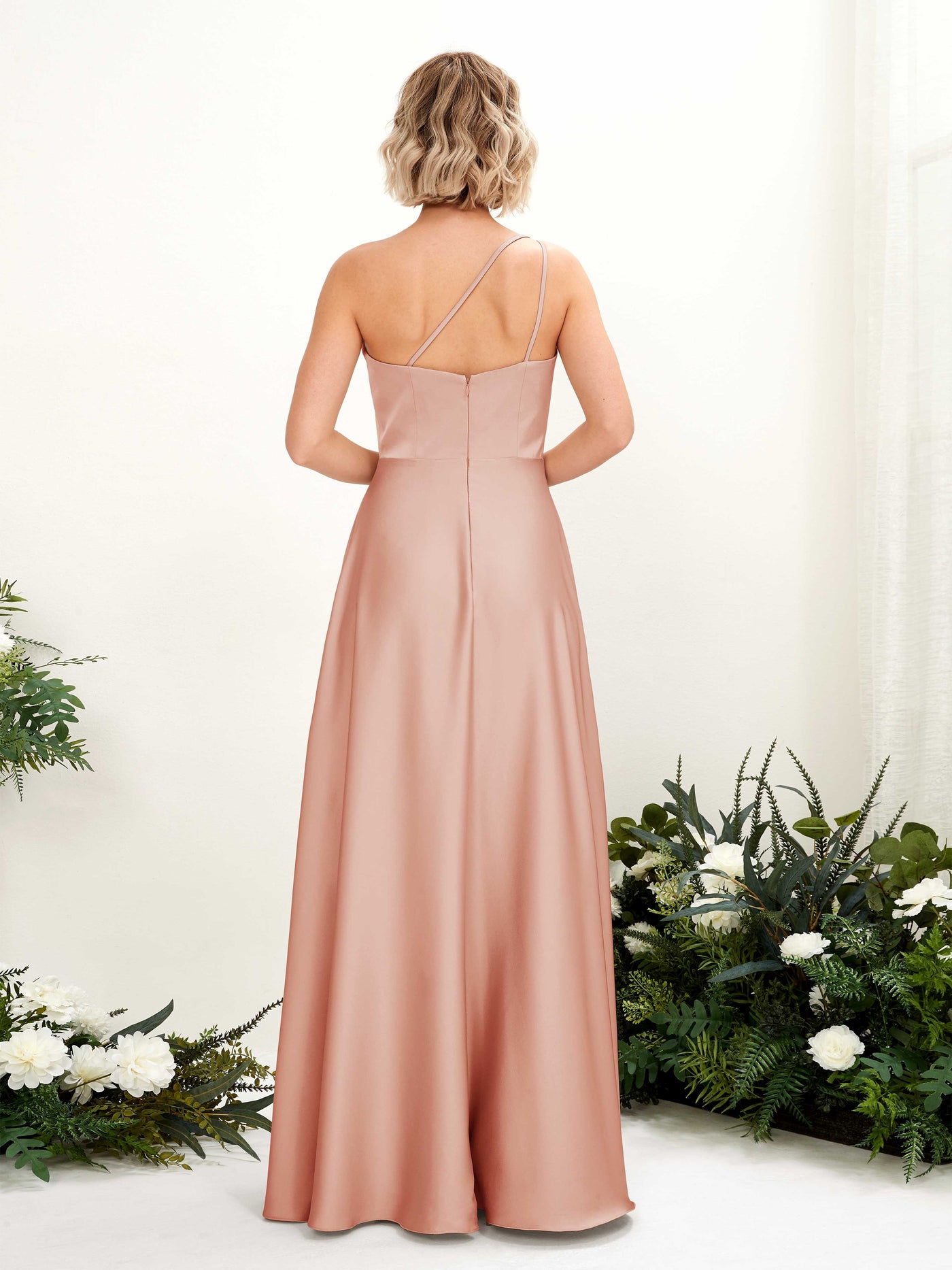 A-line Ball Gown One Shoulder Sleeveless Satin Bridesmaid Dress - Cantaloupe (80224732)#color_cantaloupe
