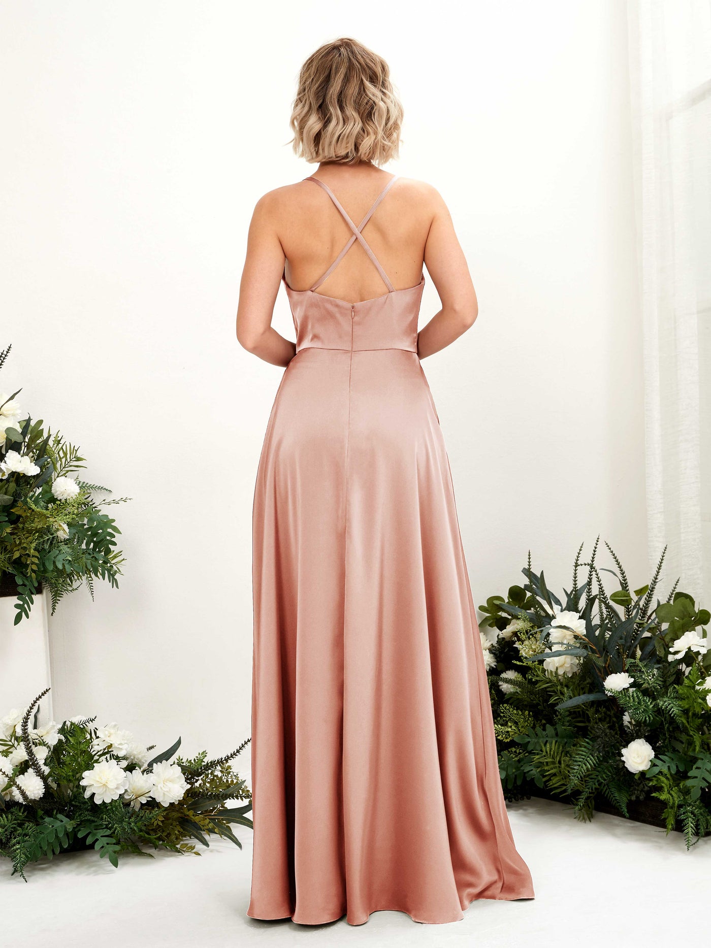 A-line Ball Gown Sexy Slit Straps Satin Bridesmaid Dress - Cantaloupe (80222232)#color_cantaloupe