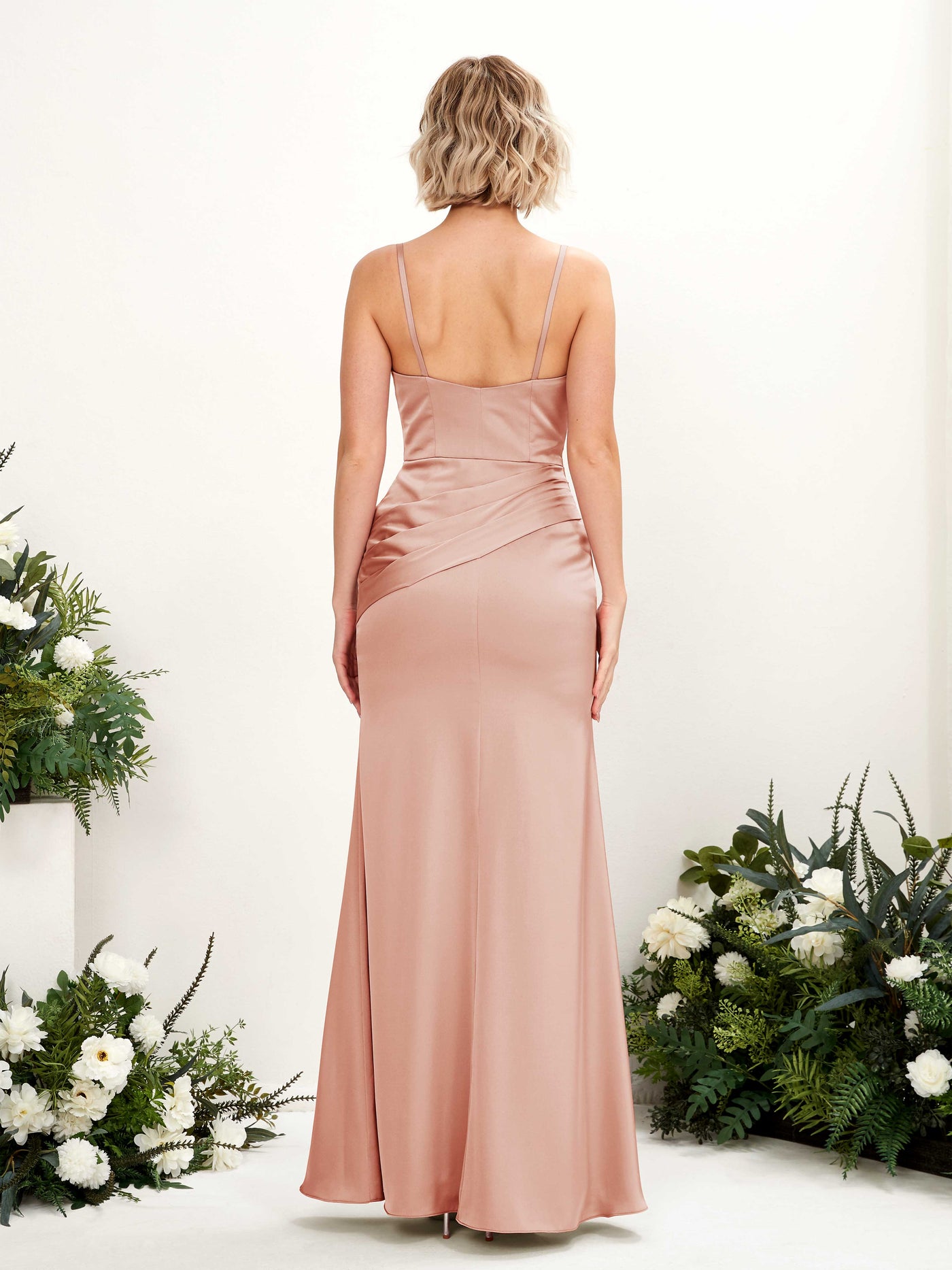 Straps V-neck Sleeveless Satin Bridesmaid Dress - Cantaloupe (80220832)#color_cantaloupe