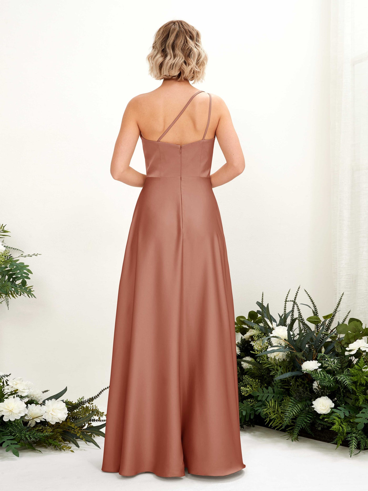 A-line Ball Gown One Shoulder Sleeveless Satin Bridesmaid Dress - Raw Sienna (80224715)#color_raw-sienna