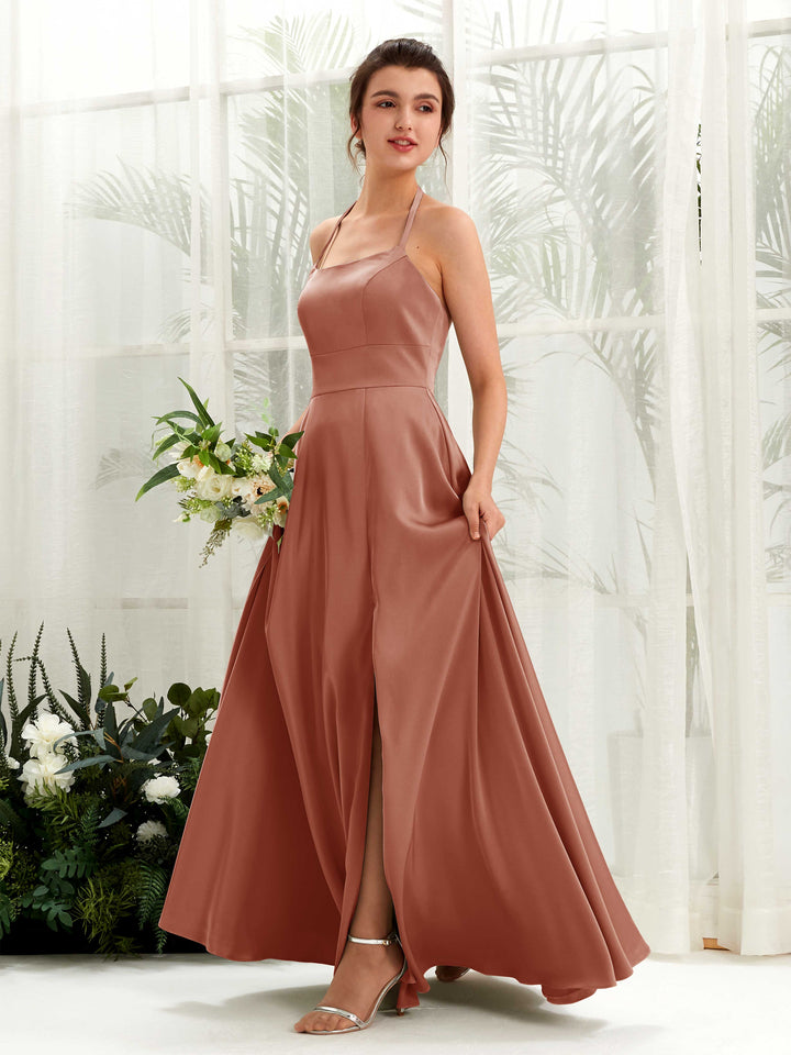 A-line Open back Sexy Slit Halter Bridesmaid Dress - Raw Sienna (80223915)