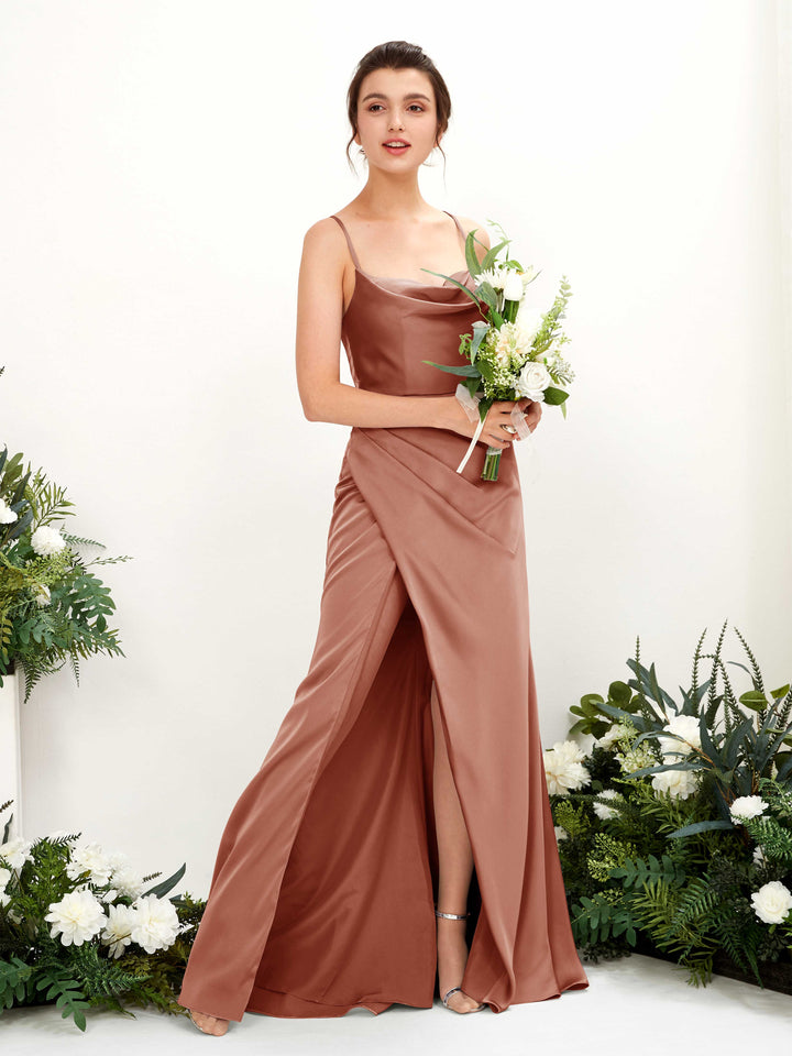 Sexy Slit Straps Sleeveless Satin Bridesmaid Dress - Raw Sienna (80222415)
