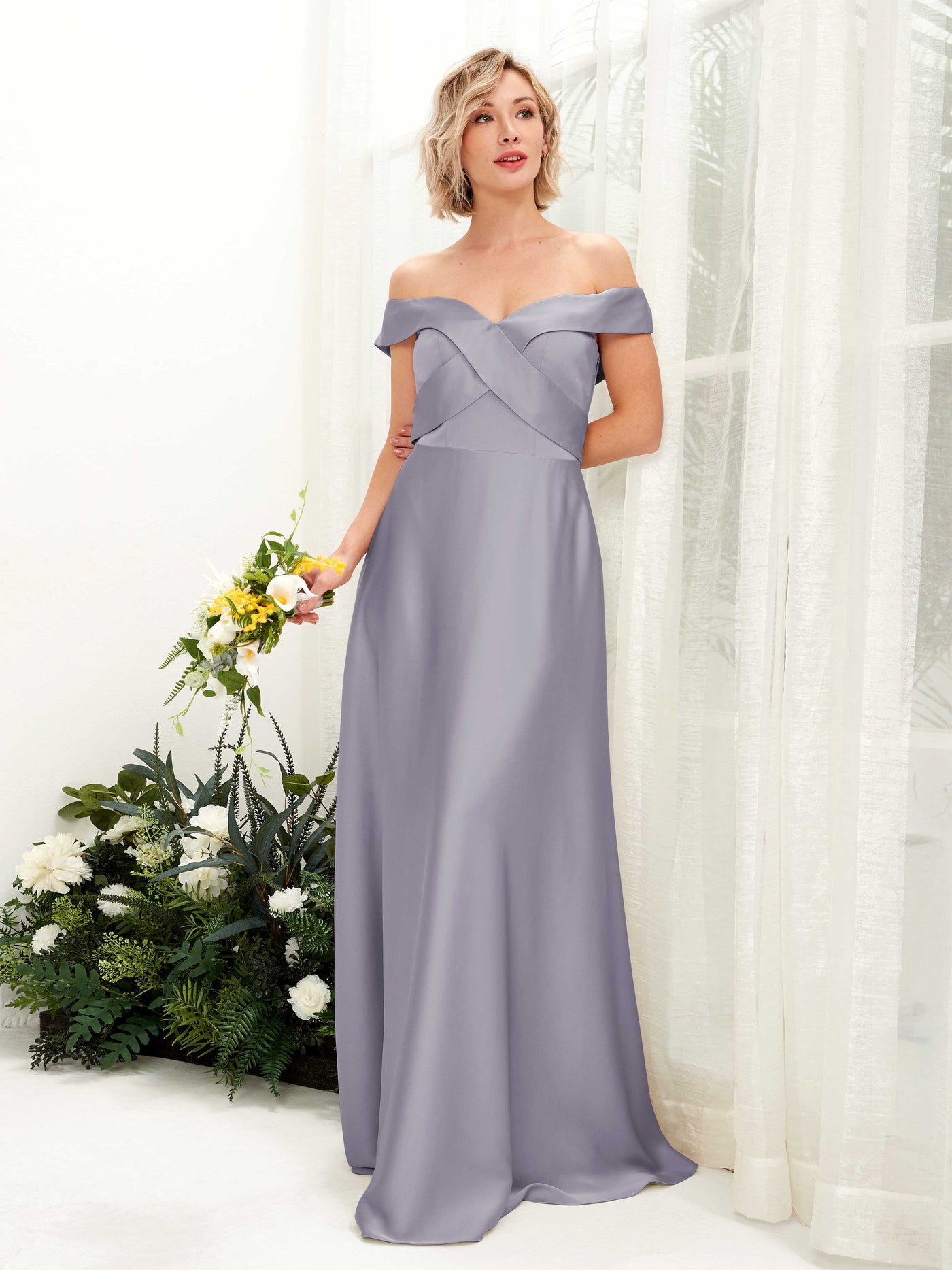 A-line Ball Gown Off Shoulder Sweetheart Satin Bridesmaid Dress - Purple Haze (80224250)#color_purple-haze