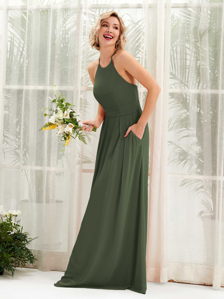 Martini Olive Bridesmaid Dresses Bridesmaid Dress A-line Chiffon Halter Full Length Sleeveless Wedding Party Dress (81225207)