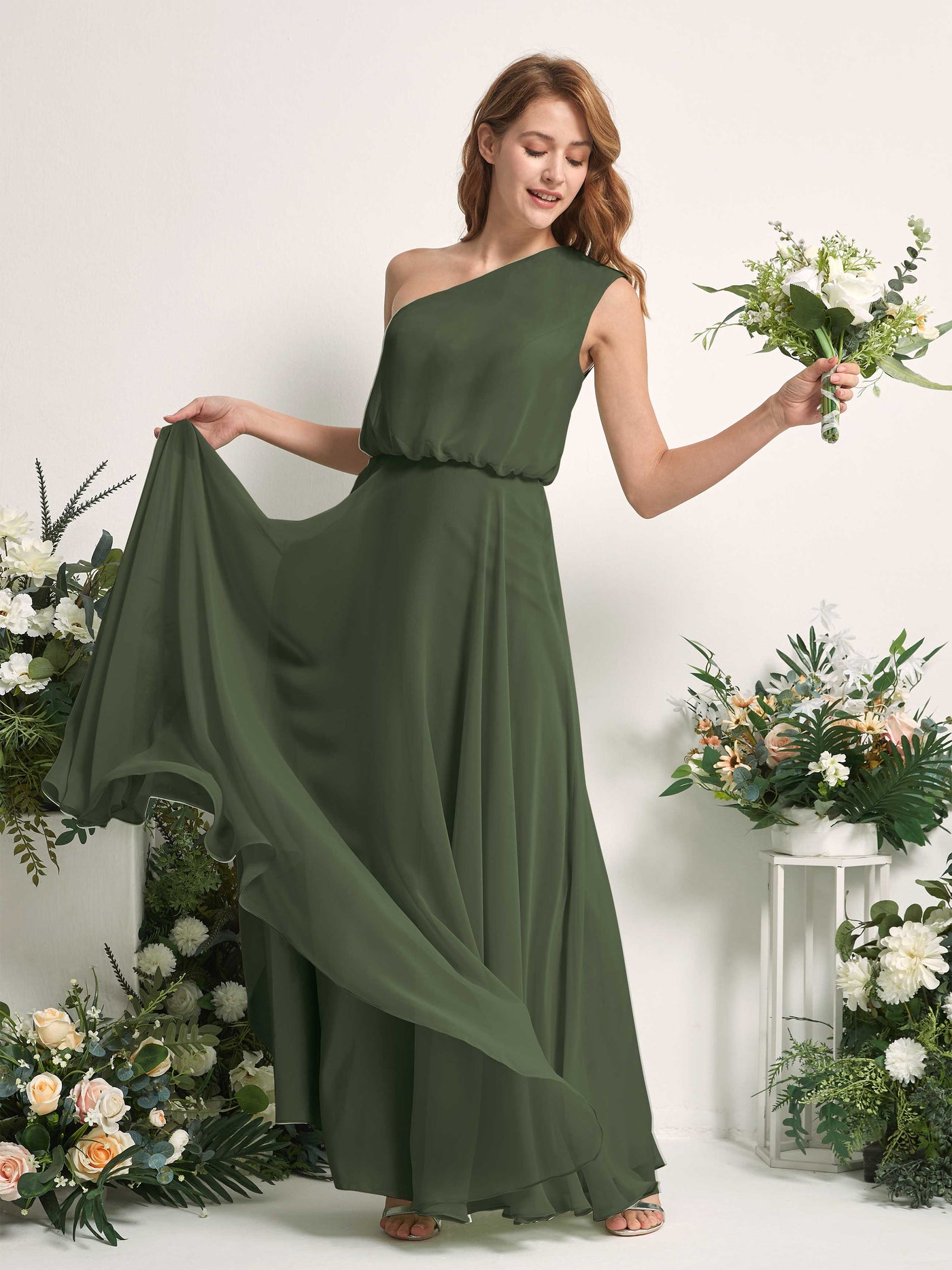 Bridesmaid Dress A-line Chiffon One Shoulder Full Length Sleeveless Wedding Party Dress - Martini Olive (81226807)#color_martini-olive