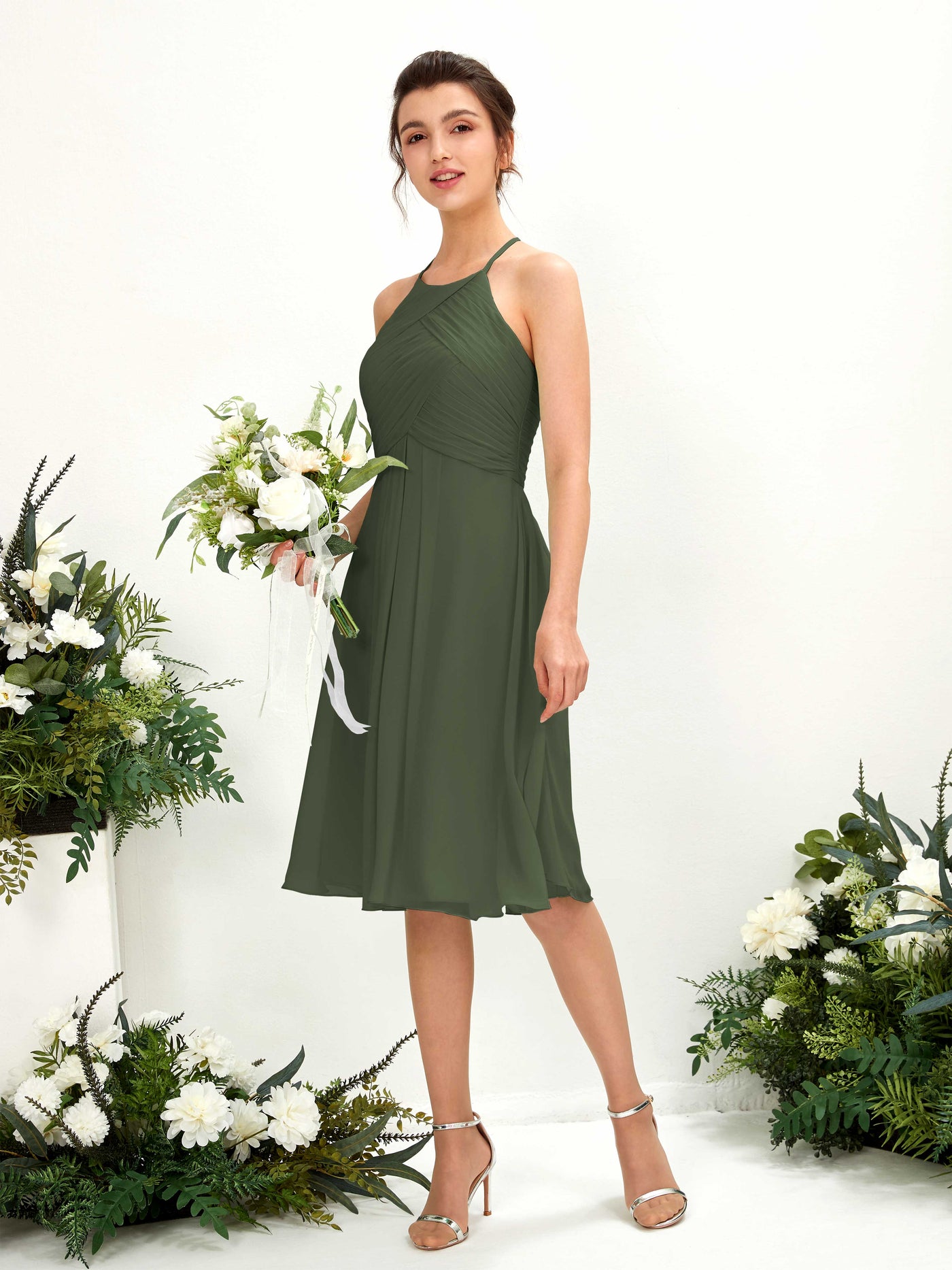 Martini Olive Bridesmaid Dresses Bridesmaid Dress A-line Chiffon Halter Knee Length Sleeveless Wedding Party Dress (81220407)#color_martini-olive