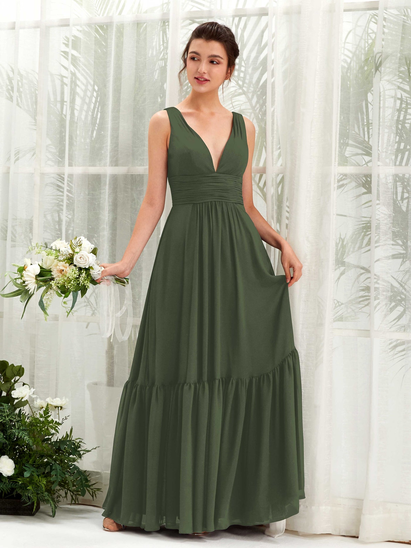Martini Olive Bridesmaid Dresses Bridesmaid Dress A-line Chiffon Straps Full Length Sleeveless Wedding Party Dress (80223707)#color_martini-olive