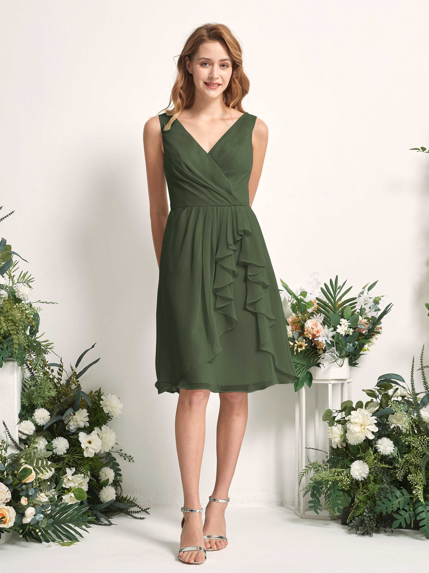 Bridesmaid Dress A-line Chiffon Straps Knee Length Sleeveless Wedding Party Dress - Martini Olive (81226607)#color_martini-olive