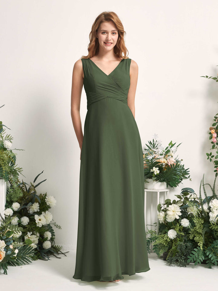 Bridesmaid Dress A-line Chiffon Straps Full Length Sleeveless Wedding Party Dress - Martini Olive (81227307)