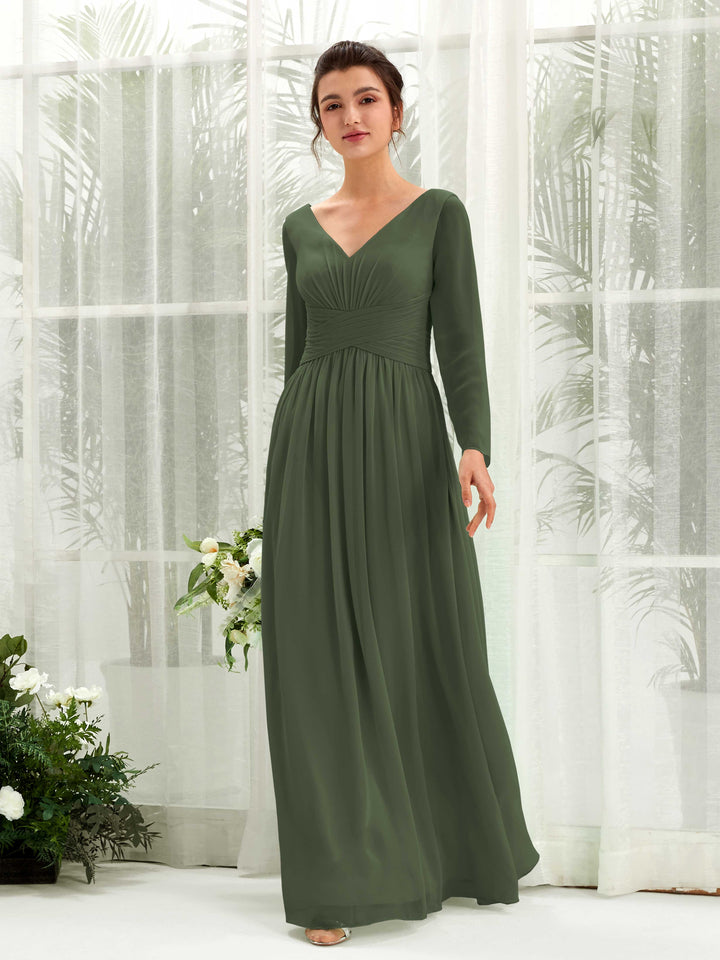 Martini Olive Bridesmaid Dresses Bridesmaid Dress A-line Chiffon V-neck Full Length Long Sleeves Wedding Party Dress (81220307)