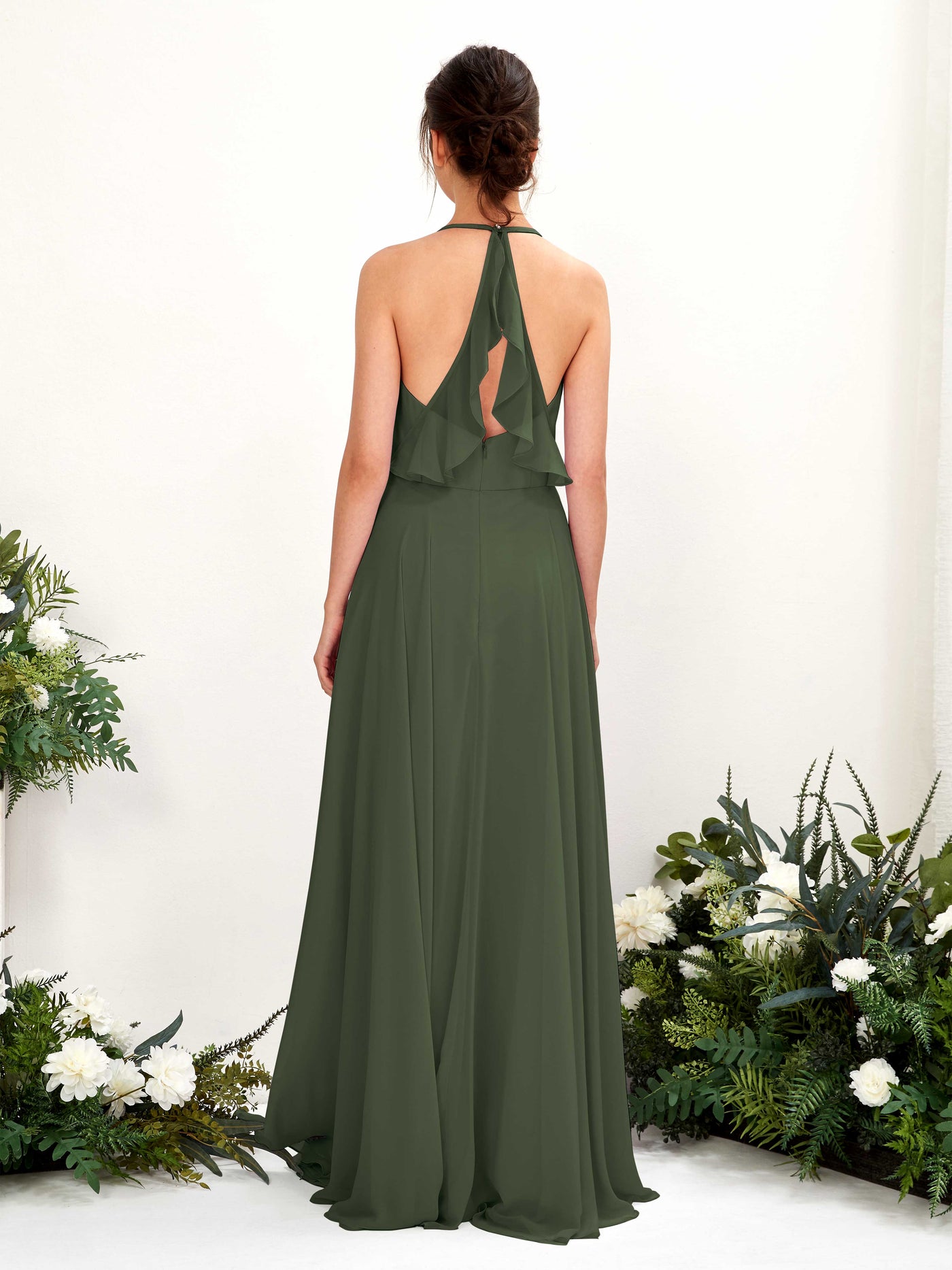 Halter V-neck Sleeveless Chiffon Bridesmaid Dress - Martini Olive (81221007)#color_martini-olive