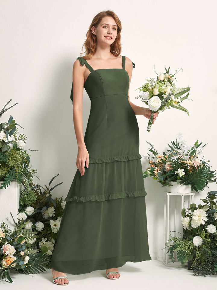 Bridesmaid Dress Chiffon Straps Full Length Sleeveless Wedding Party Dress - Martini Olive (81227507)