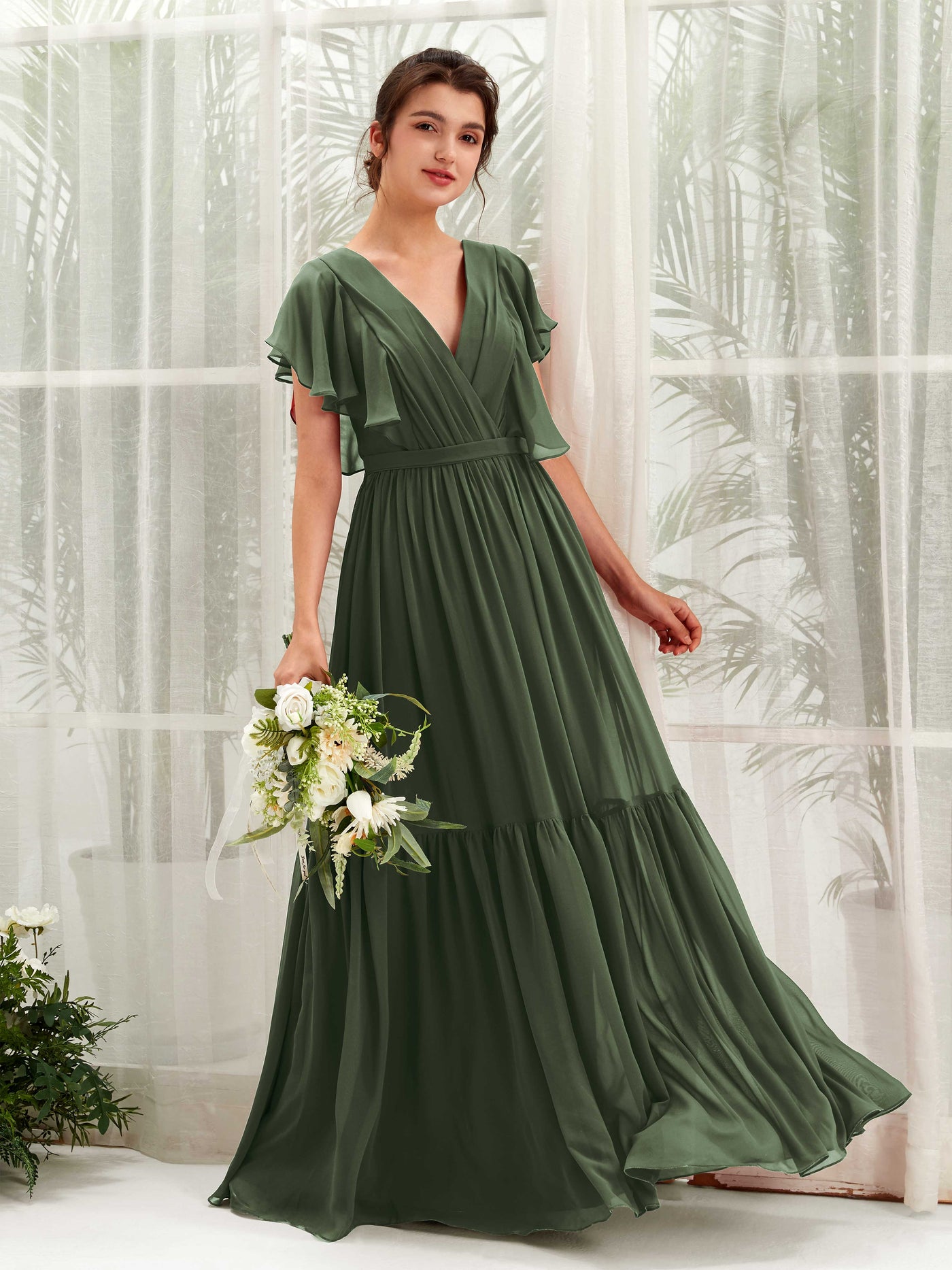Martini Olive Bridesmaid Dresses Bridesmaid Dress A-line Chiffon V-neck Full Length Short Sleeves Wedding Party Dress (81225907)#color_martini-olive
