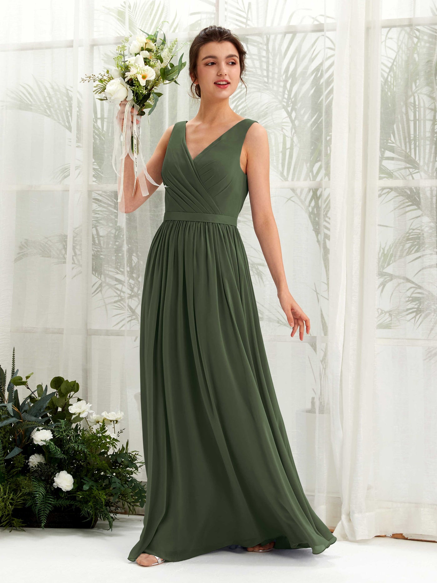 Martini Olive Bridesmaid Dresses Bridesmaid Dress A-line Chiffon V-neck Full Length Sleeveless Wedding Party Dress (81223607)#color_martini-olive