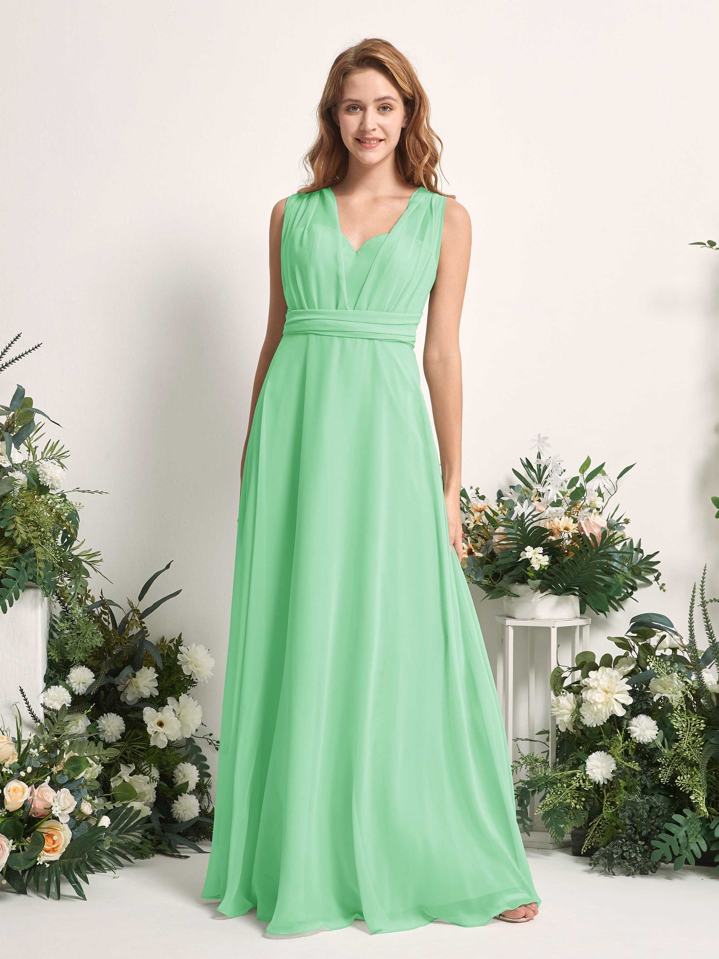 Mint Green Bridesmaid Dresses Bridesmaid Dress A-line Chiffon Halter Full Length Short Sleeves Wedding Party Dress (81226322)#color_mint-green