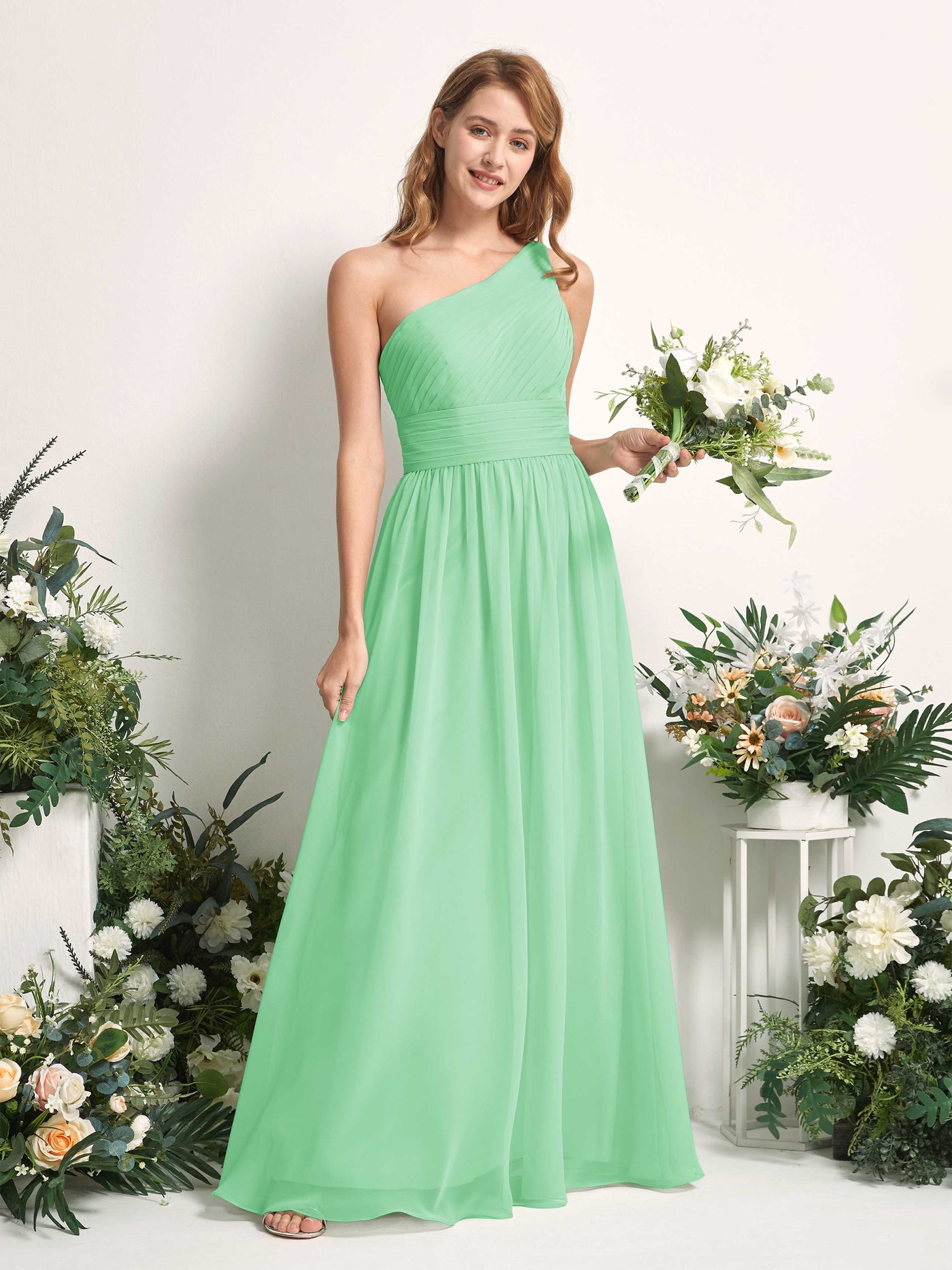 Bridesmaid Dress A-line Chiffon One Shoulder Full Length Sleeveless Wedding Party Dress - Mint Green (81226722)#color_mint-green