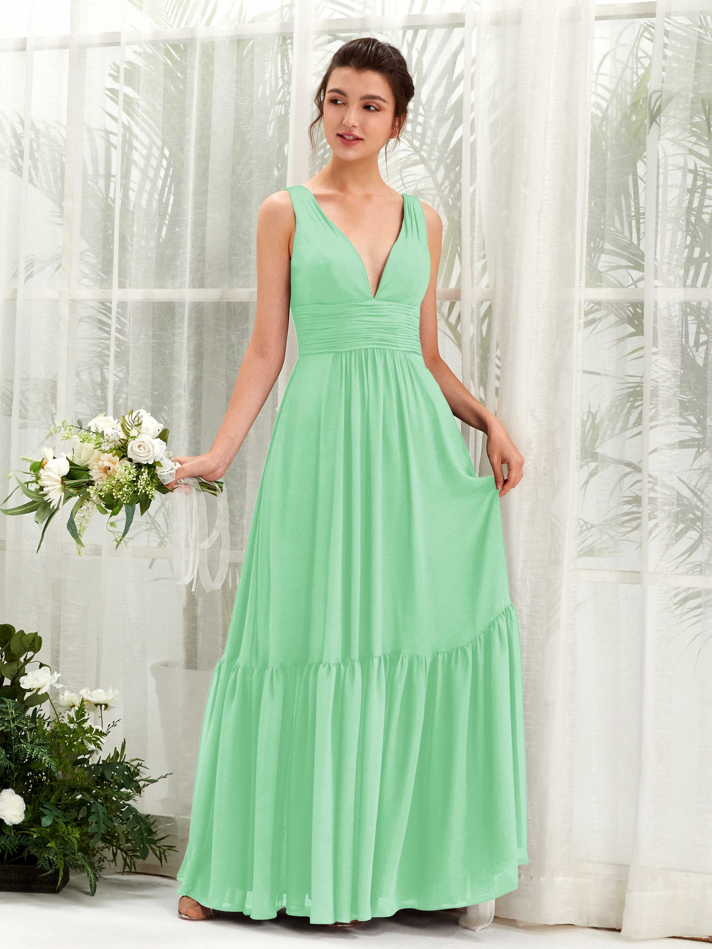 Mint Green Bridesmaid Dresses Bridesmaid Dress A-line Chiffon Straps Full Length Sleeveless Wedding Party Dress (80223722)#color_mint-green