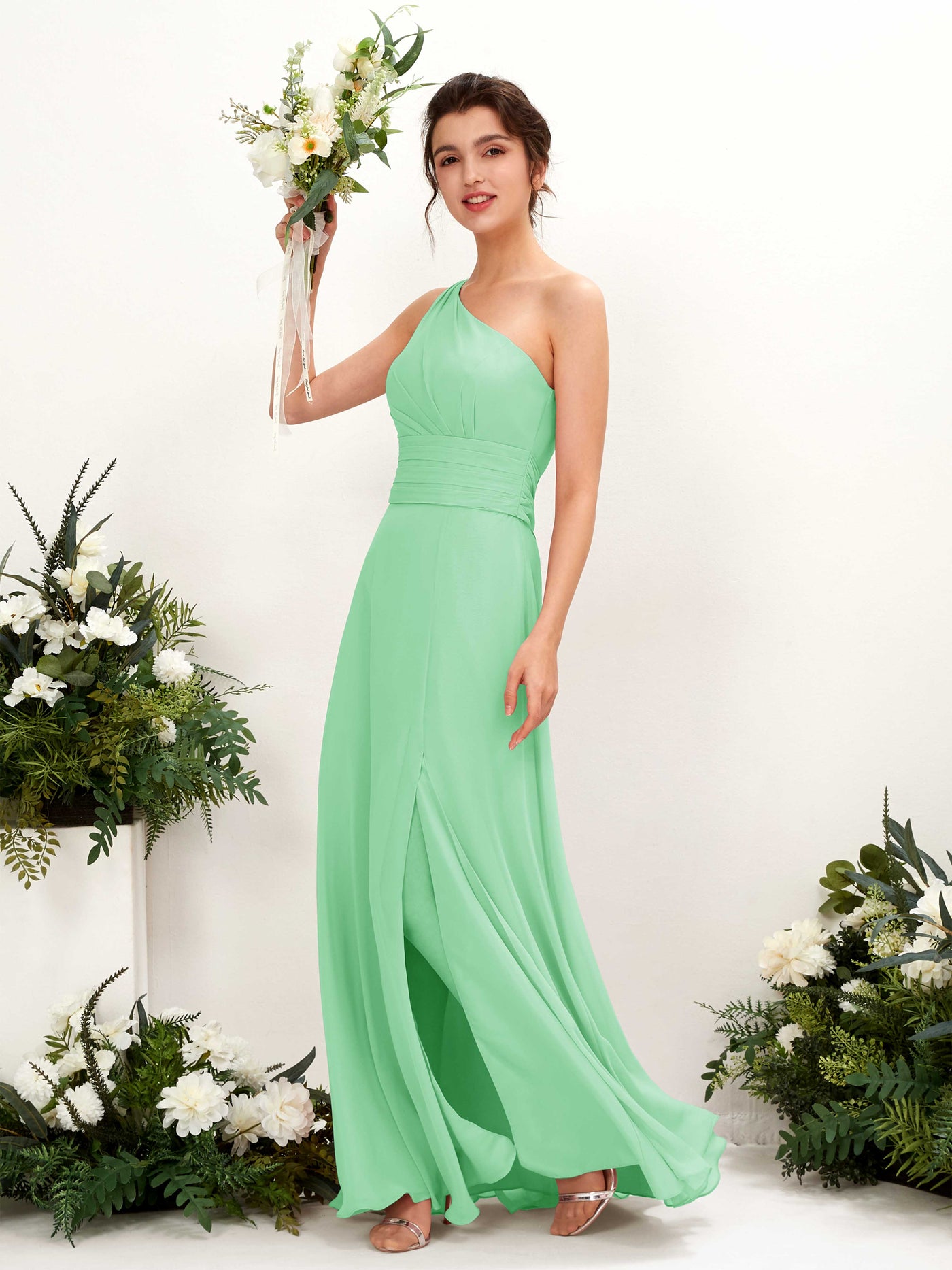 Mint Green Bridesmaid Dresses Bridesmaid Dress A-line Chiffon One Shoulder Full Length Sleeveless Wedding Party Dress (81224722)#color_mint-green