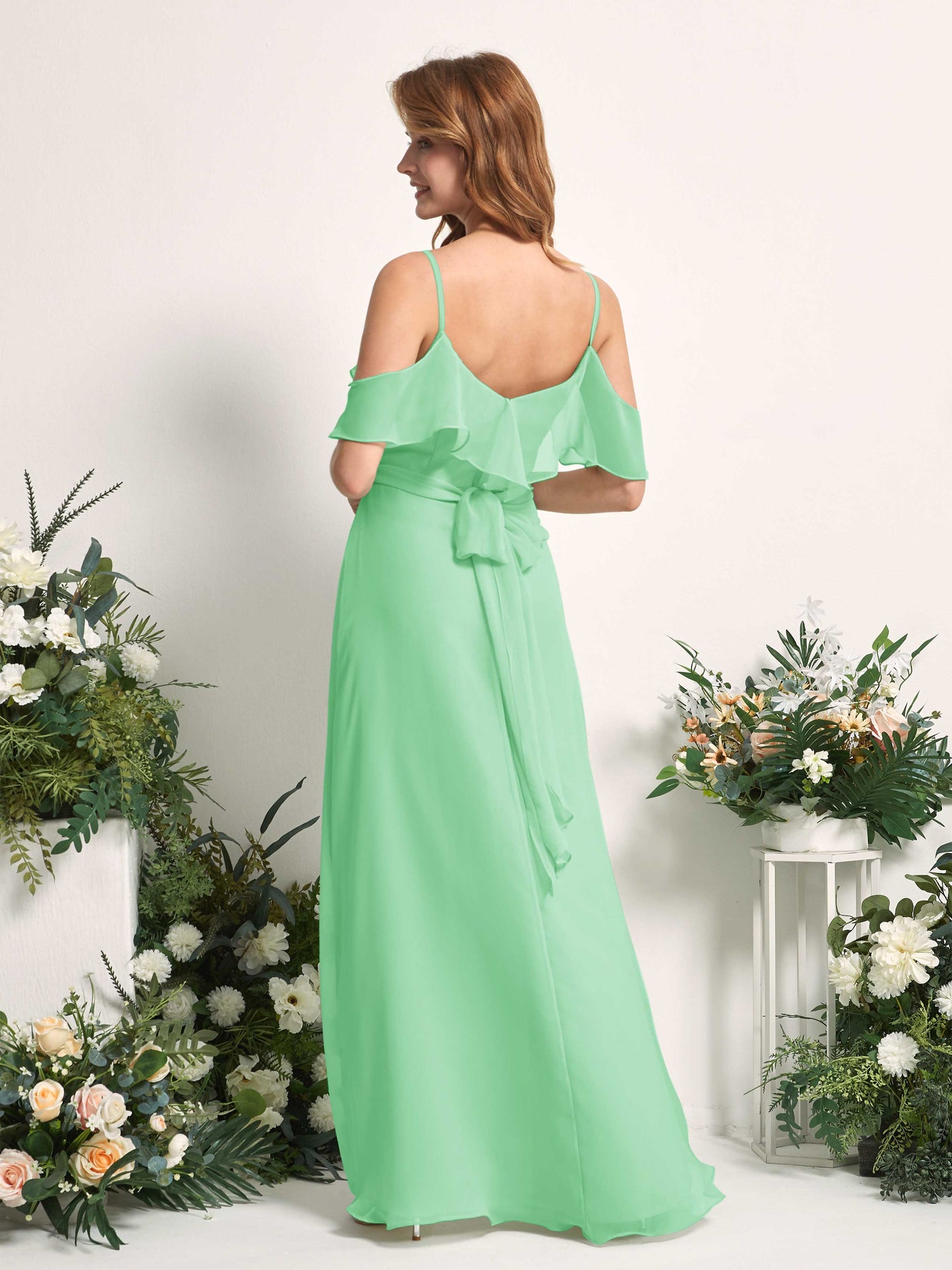 Bridesmaid Dress A-line Chiffon Spaghetti-straps Full Length Sleeveless Wedding Party Dress - Mint Green (81227422)#color_mint-green