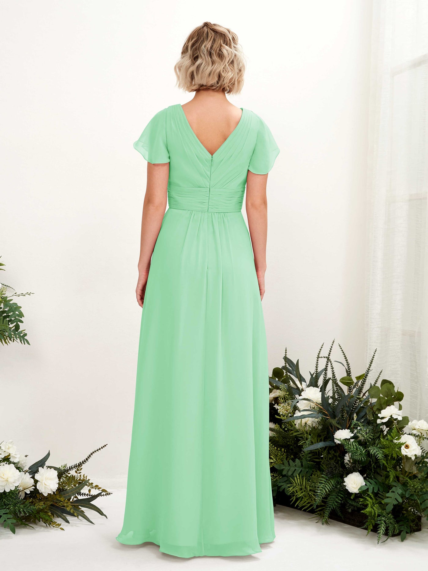 Mint Green Bridesmaid Dresses Bridesmaid Dress A-line Chiffon V-neck Full Length Short Sleeves Wedding Party Dress (81224322)#color_mint-green