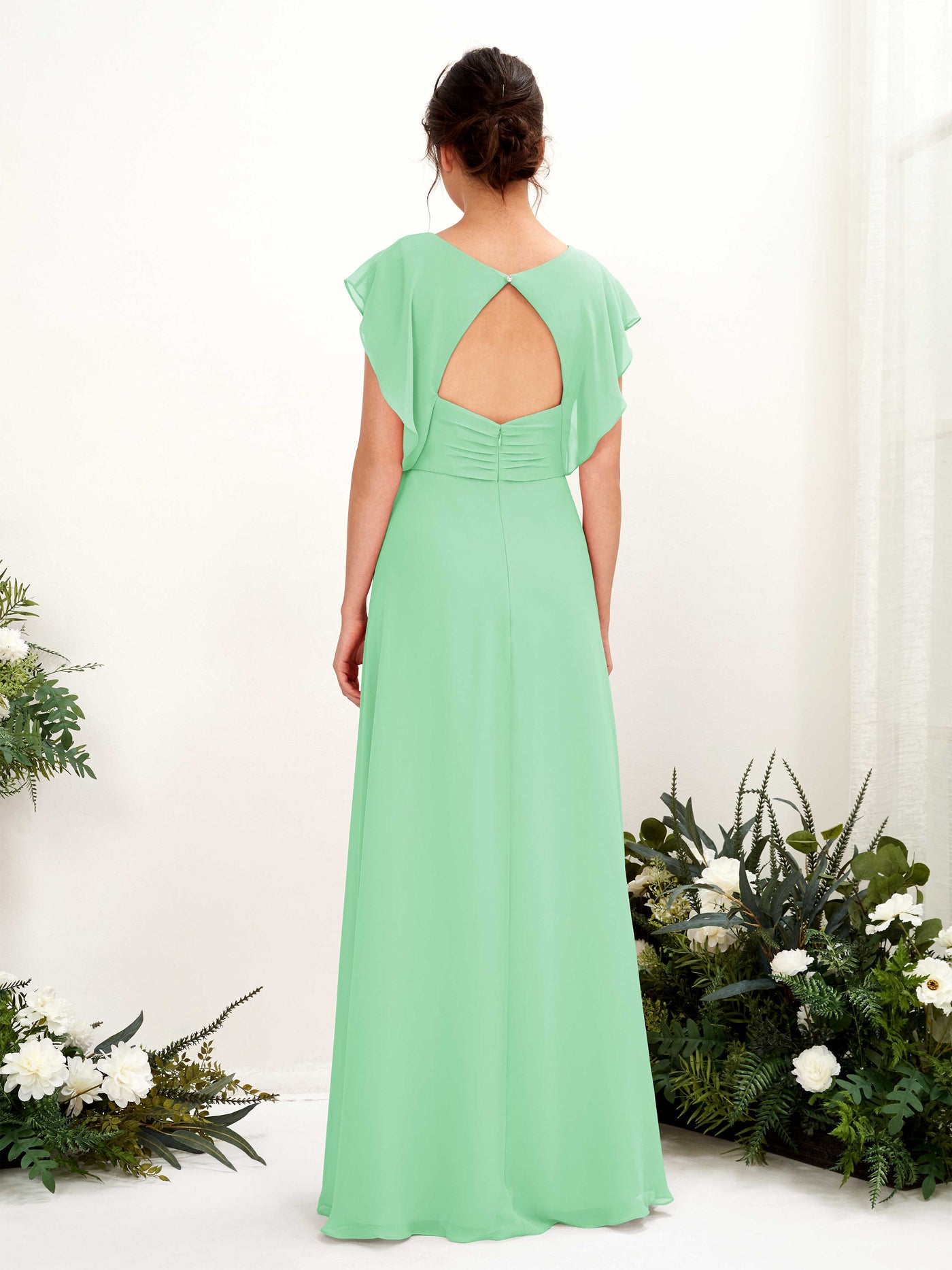 Mint Green Bridesmaid Dresses Bridesmaid Dress A-line Chiffon V-neck Full Length Short Sleeves Wedding Party Dress (81225622)#color_mint-green