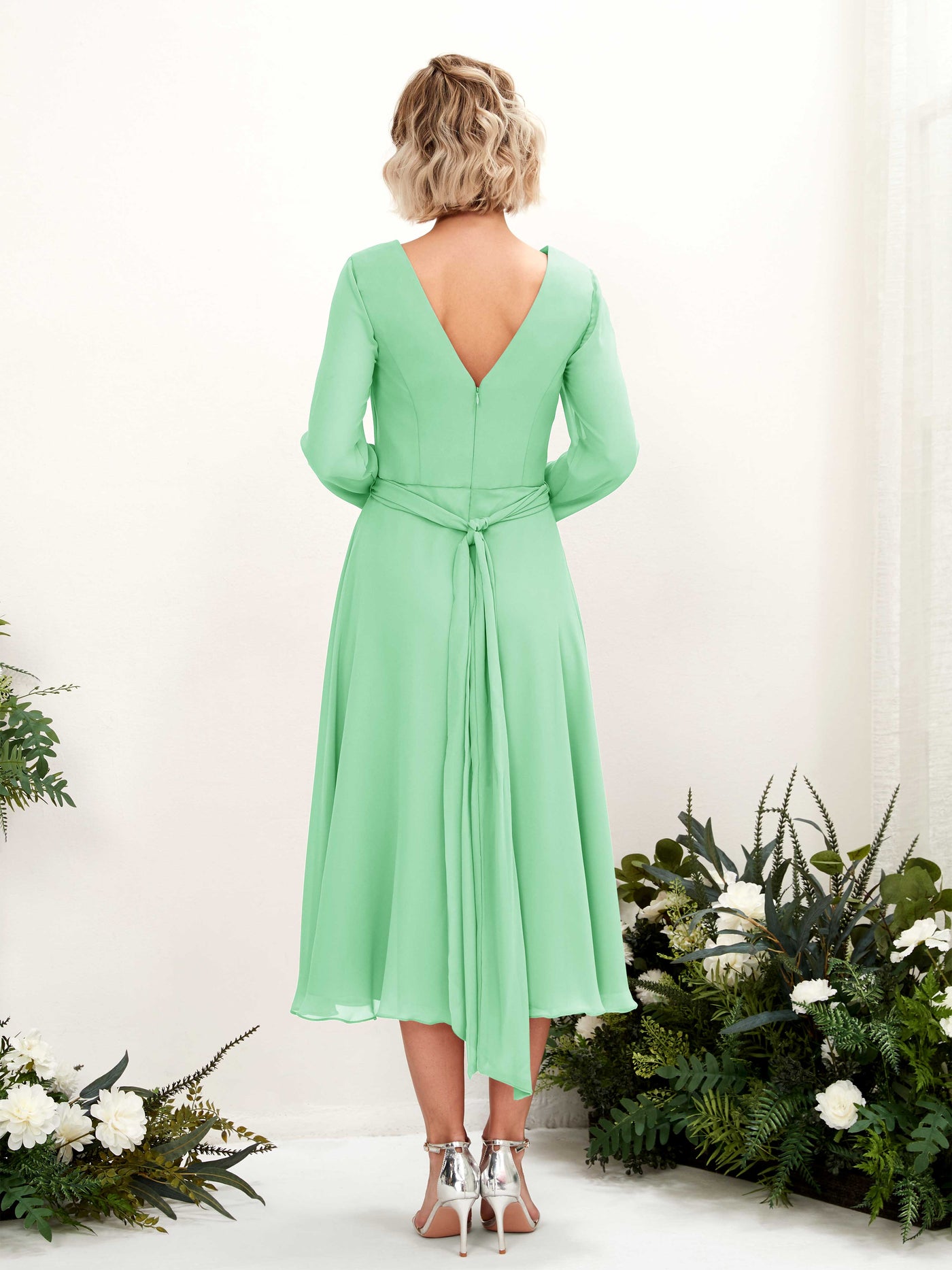 Mint Green Bridesmaid Dresses Bridesmaid Dress Chiffon V-neck Tea Length Long Sleeves Wedding Party Dress (81223322)#color_mint-green