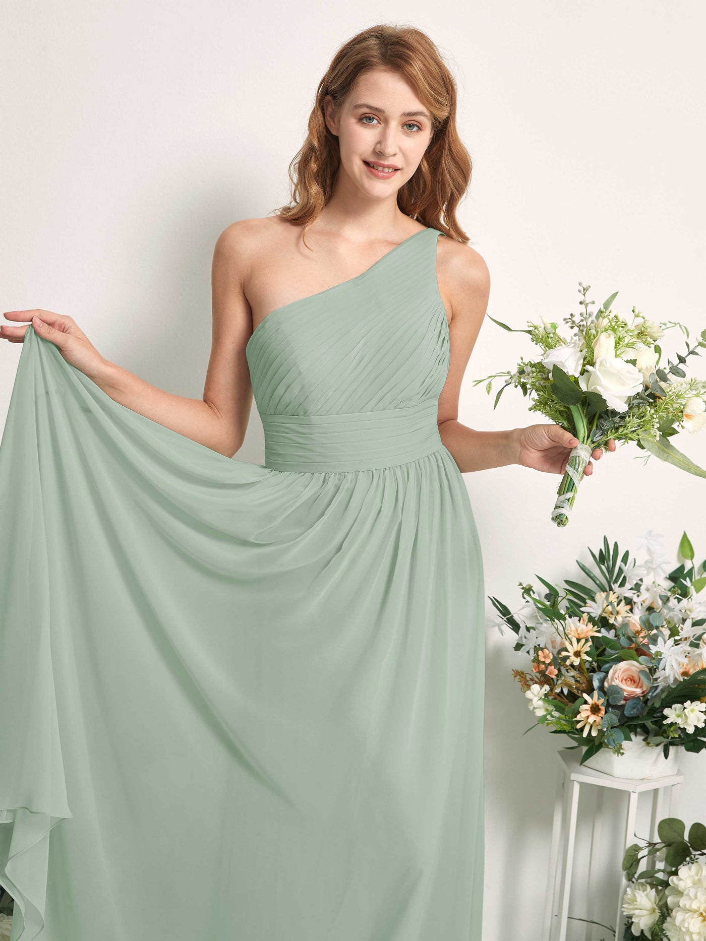 Bridesmaid Dress A-line Chiffon One Shoulder Full Length Sleeveless Wedding Party Dress - Sage Green (81226705)#color_sage-green