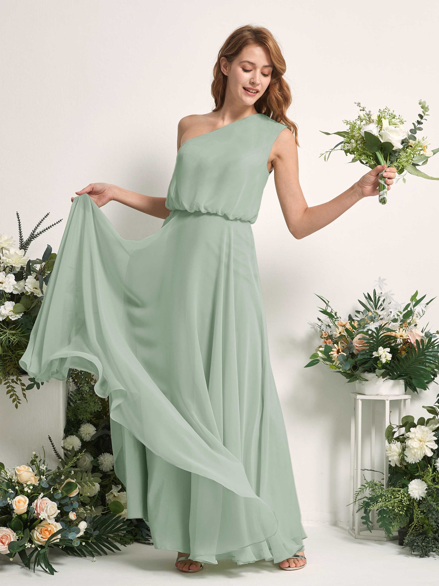 Bridesmaid Dress A-line Chiffon One Shoulder Full Length Sleeveless Wedding Party Dress - Sage Green (81226805)#color_sage-green