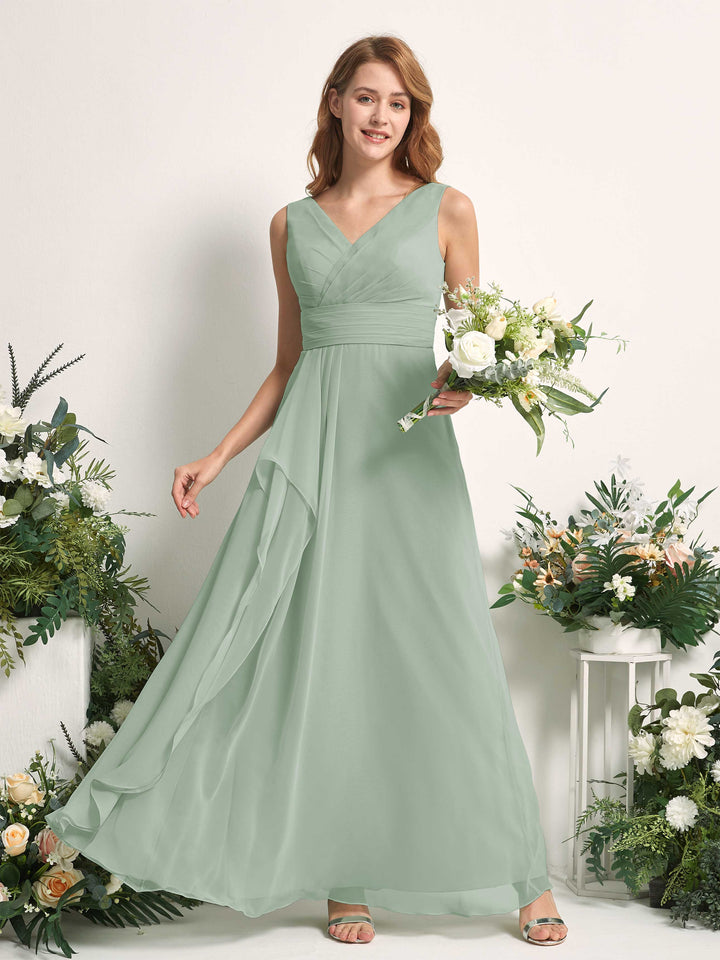 Bridesmaid Dress A-line Chiffon V-neck Full Length Sleeveless Wedding Party Dress - Sage Green (81227105)