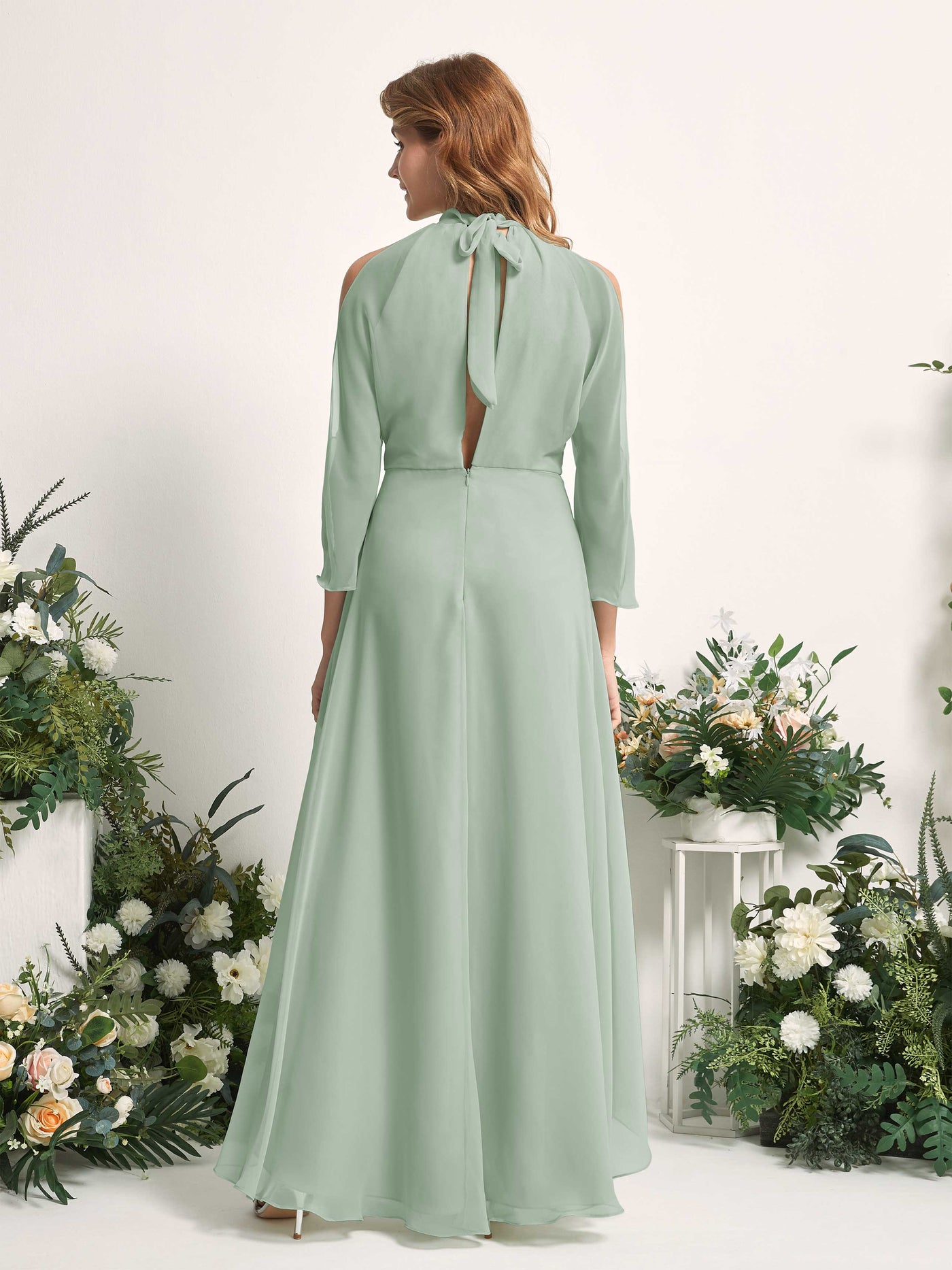 Bridesmaid Dress A-line Chiffon Halter High Low 3/4 Sleeves Wedding Party Dress - Sage Green (81227605)#color_sage-green