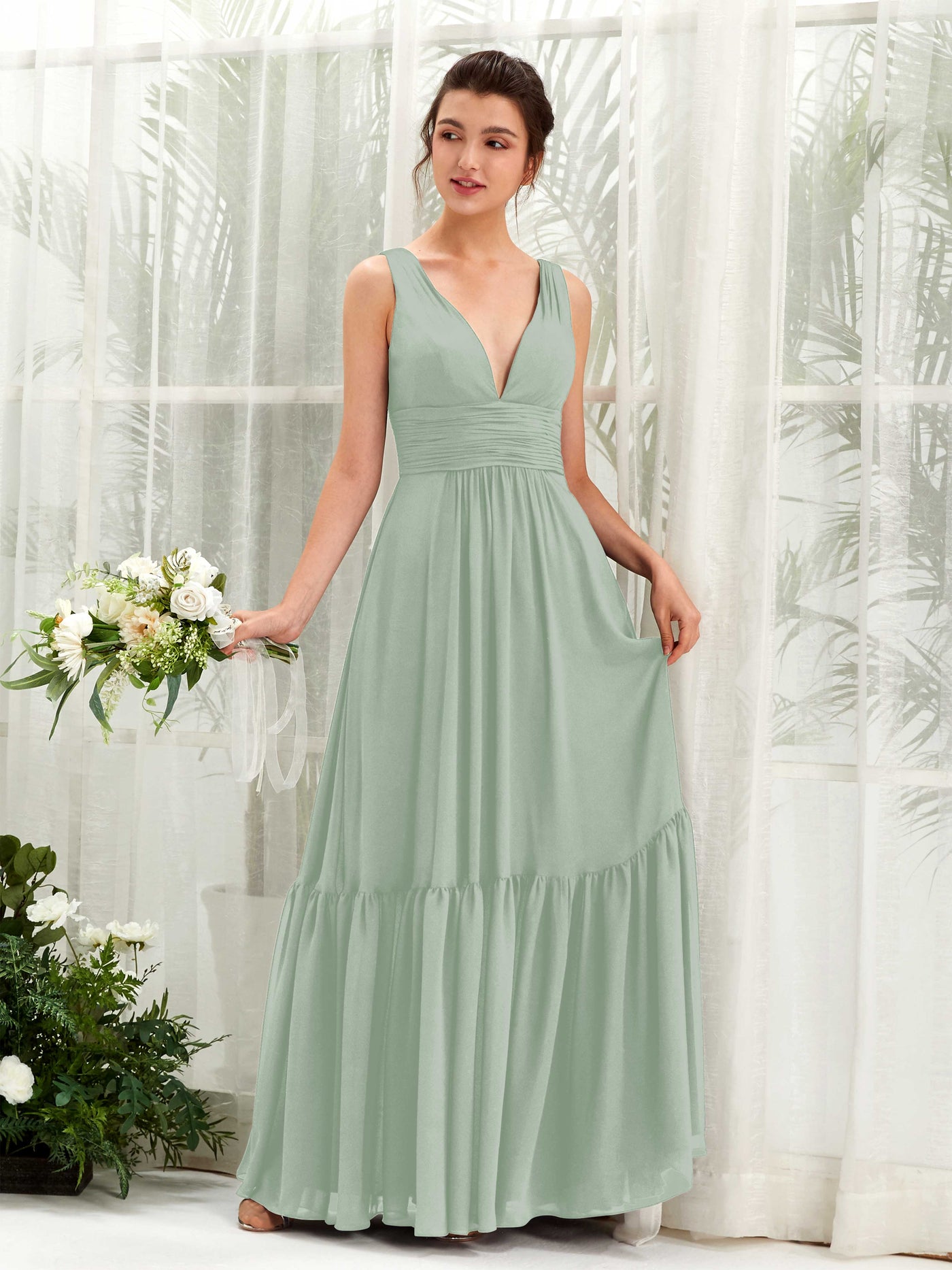 Sage Green Bridesmaid Dresses Bridesmaid Dress A-line Chiffon Straps Full Length Sleeveless Wedding Party Dress (80223705)#color_sage-green